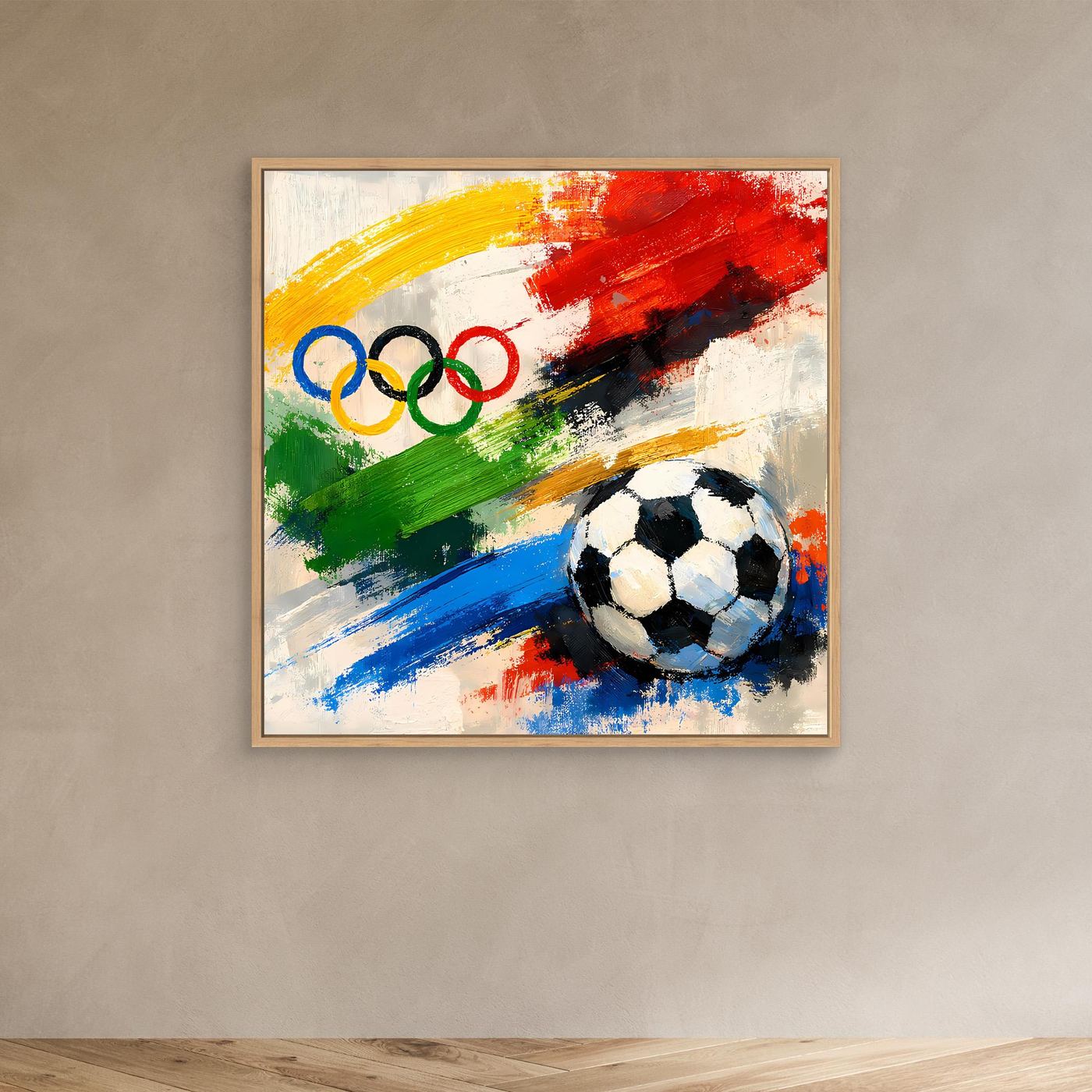 Leinwandbild mit abstraktem Fußball und olympischen Ringen im Eichenrahmen