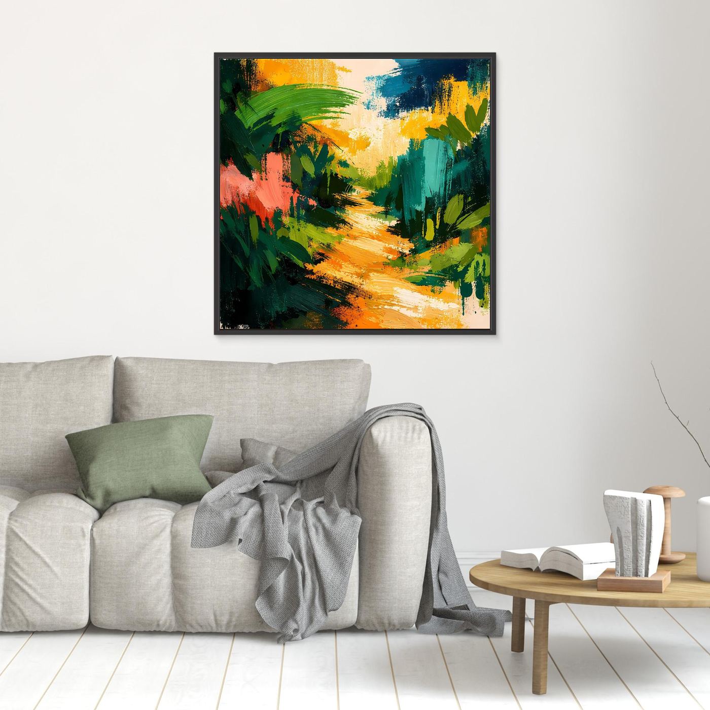Framed abstract forest path canvas wall art with colorful brushstrokes, black frame, square