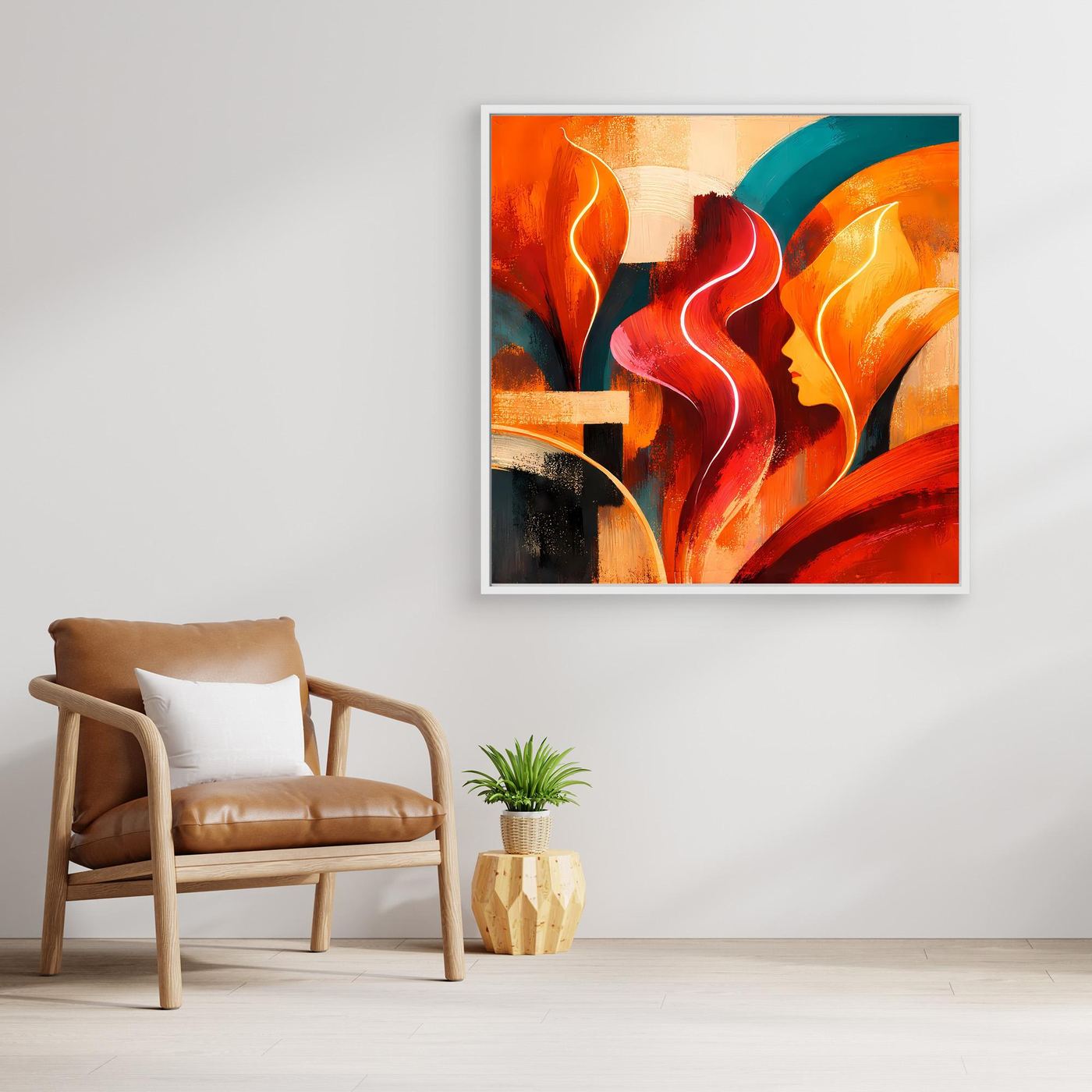 Abstraktes Leinwand-Wandbild mit Flammen-Optik in Rot, Orange und Blau im Holzrahmen