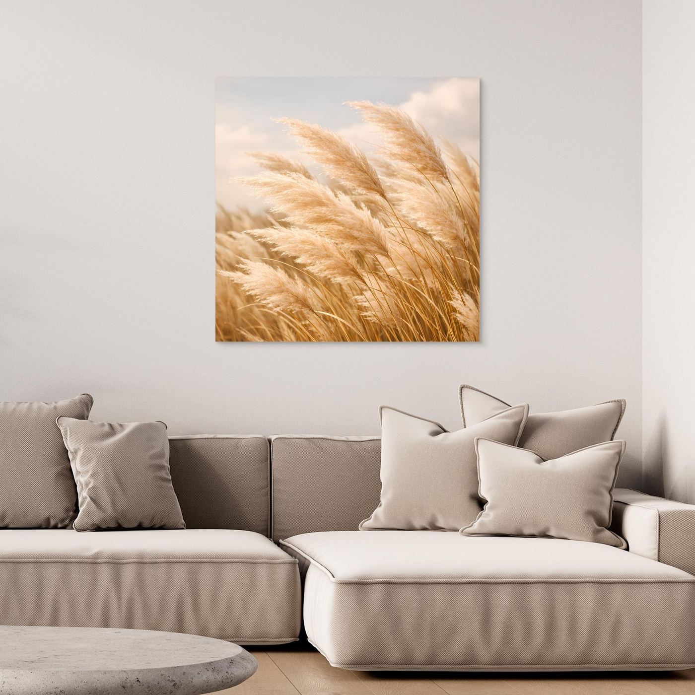 Leinwandbild mit wehenden Pampasgräsern in Naturtönen