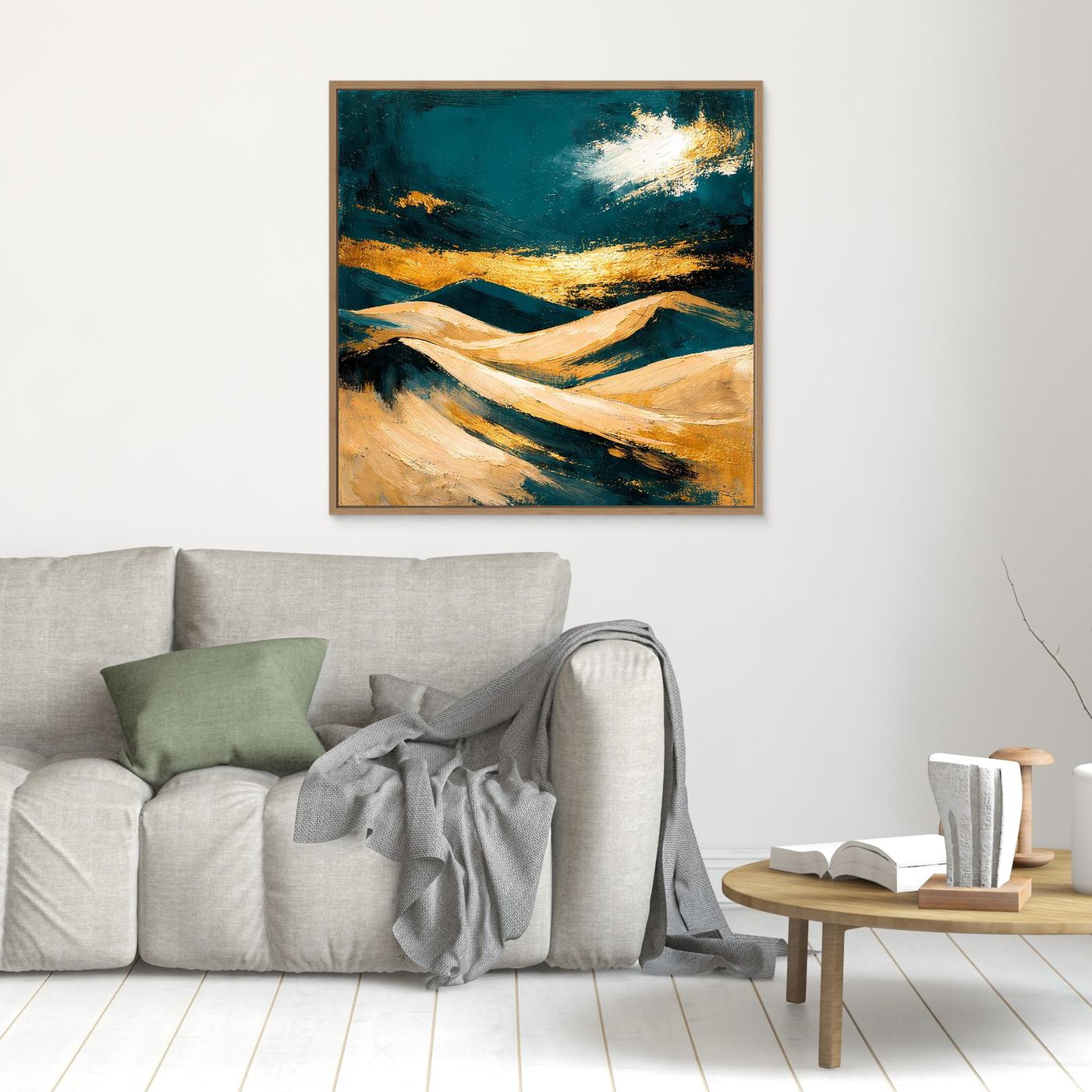 Wandbild mit abstrakter Dünenlandschaft in Petrol, Beige und Gold, brauner Rahmen