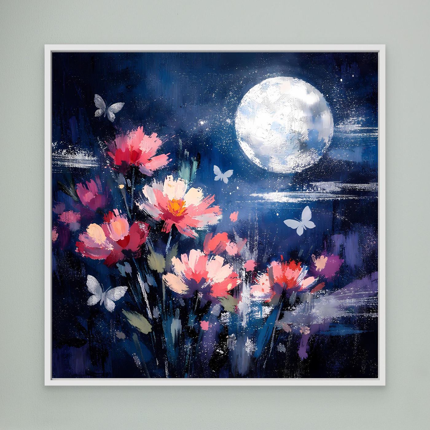 Leinwand-Wandbild mit abstrakten pinken Blumen, Schmetterlingen und hellem Mond, weiß gerahmt
