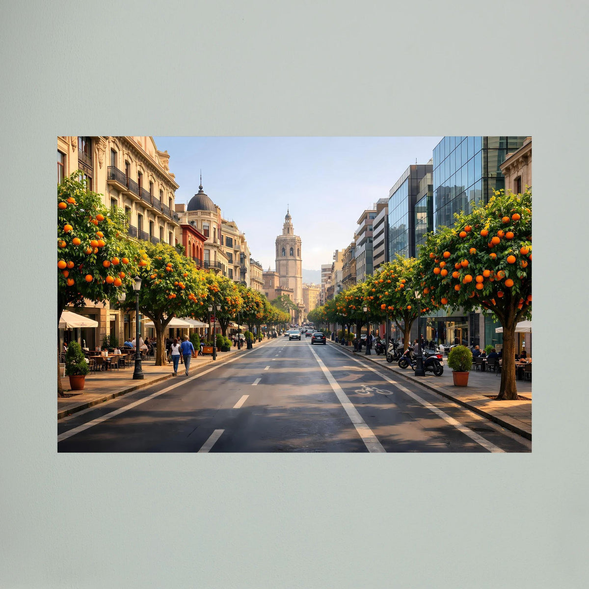 Wandbild Querformat: mediterrane Straße mit Orangenbäumen und klassischer Stadtarchitektur