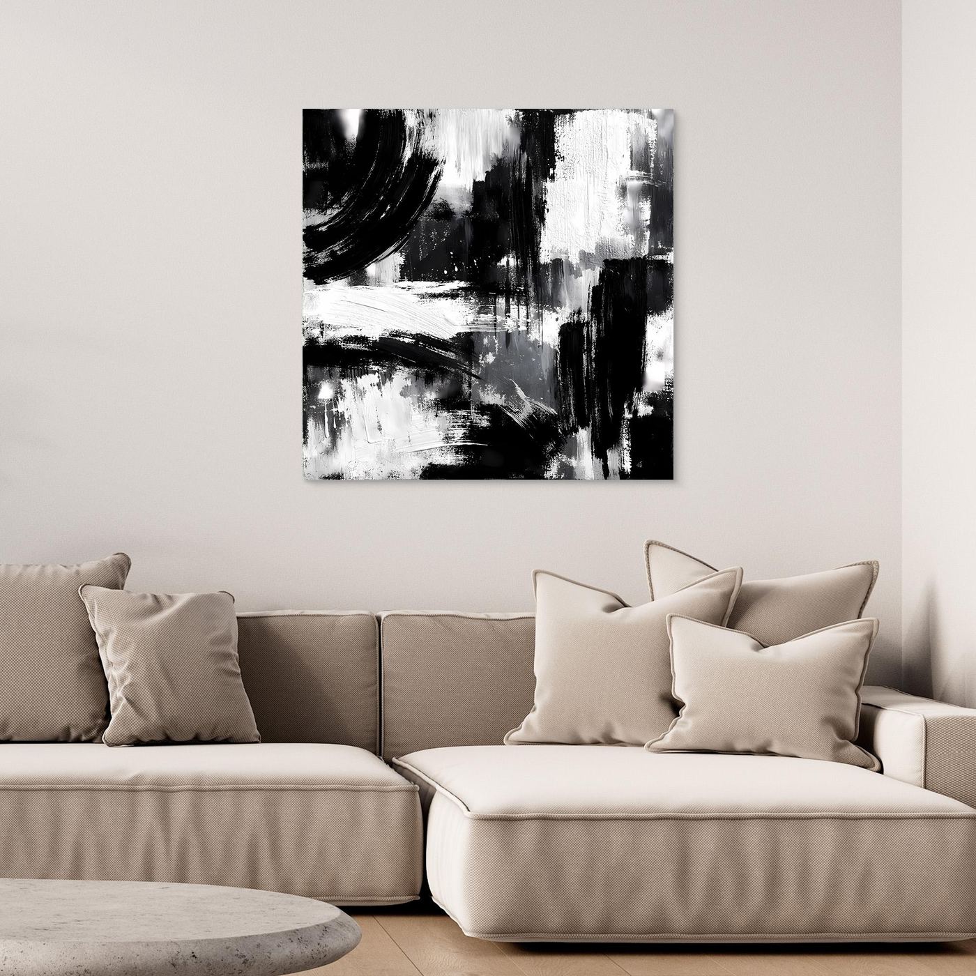 Square black-and-white abstract canvas painting with bold brushstroke texture
