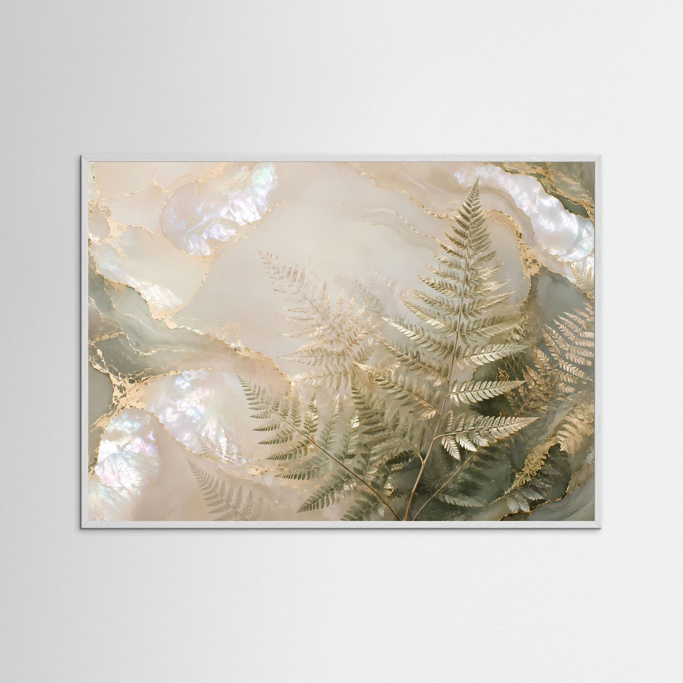 Poster im Querformat mit Perlmutt-Farn in Gold, im weißen Holzrahmen