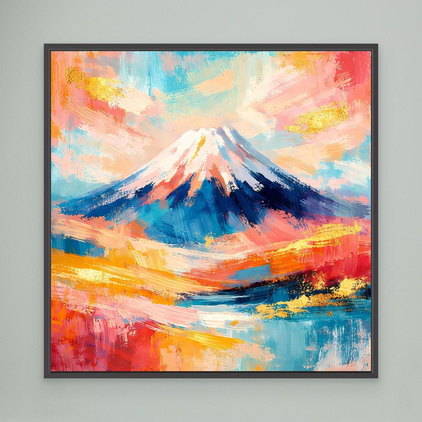 Leinwandbild mit abstraktem Mount-Fuji-Bergmotiv, schwarzer Rahmen, leuchtende Farben