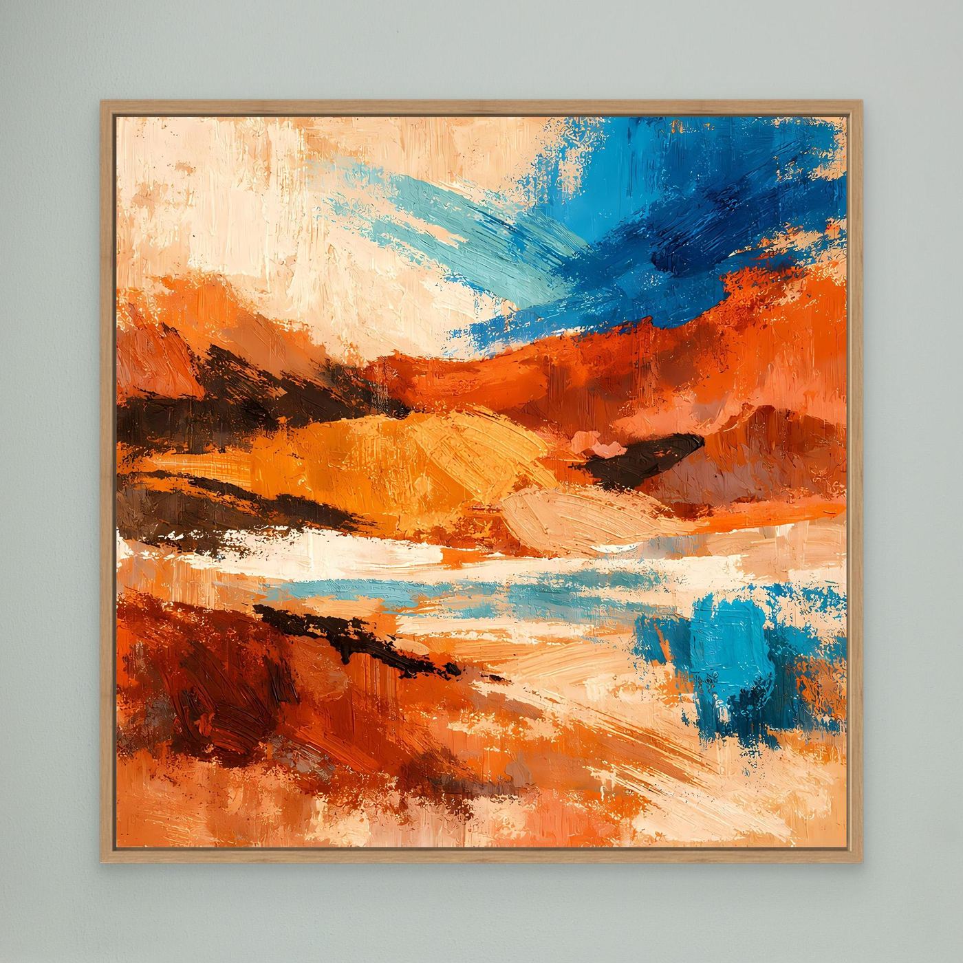 Wandbild mit abstraktem Canyon-Motiv, orangefarbene und blaue Pinselstriche, geprägter Holzrahmen