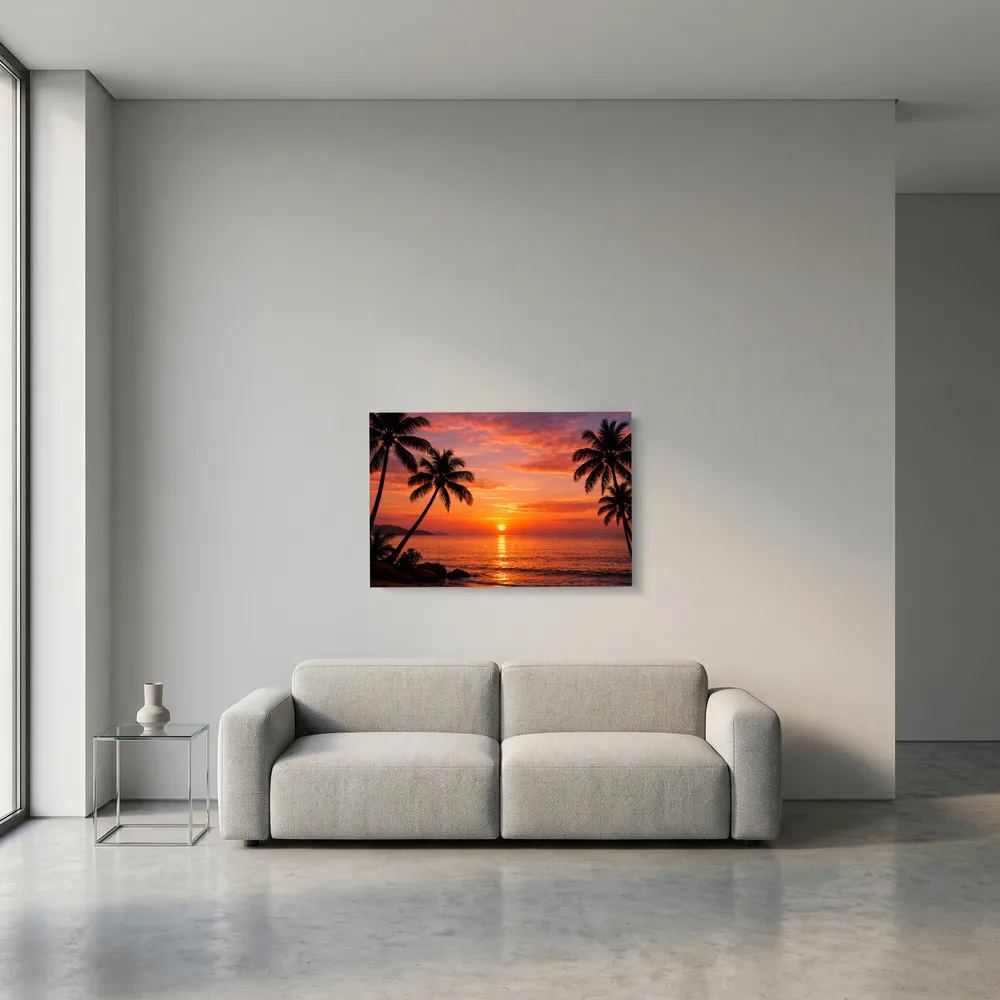 Tropisches Wandbild im Querformat mit Sonnenuntergang über dem Meer und Palmen