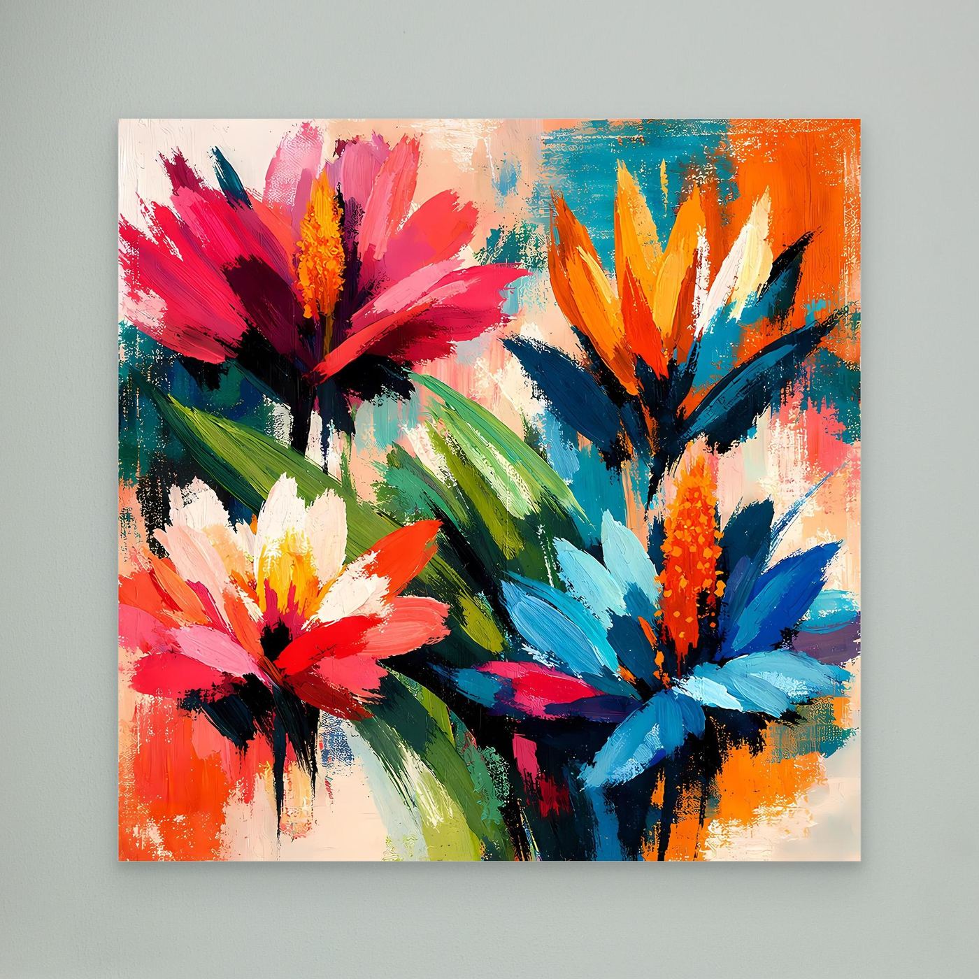 Canvas abstract tropical flower wall art, multicolor blossoms, no visible frame