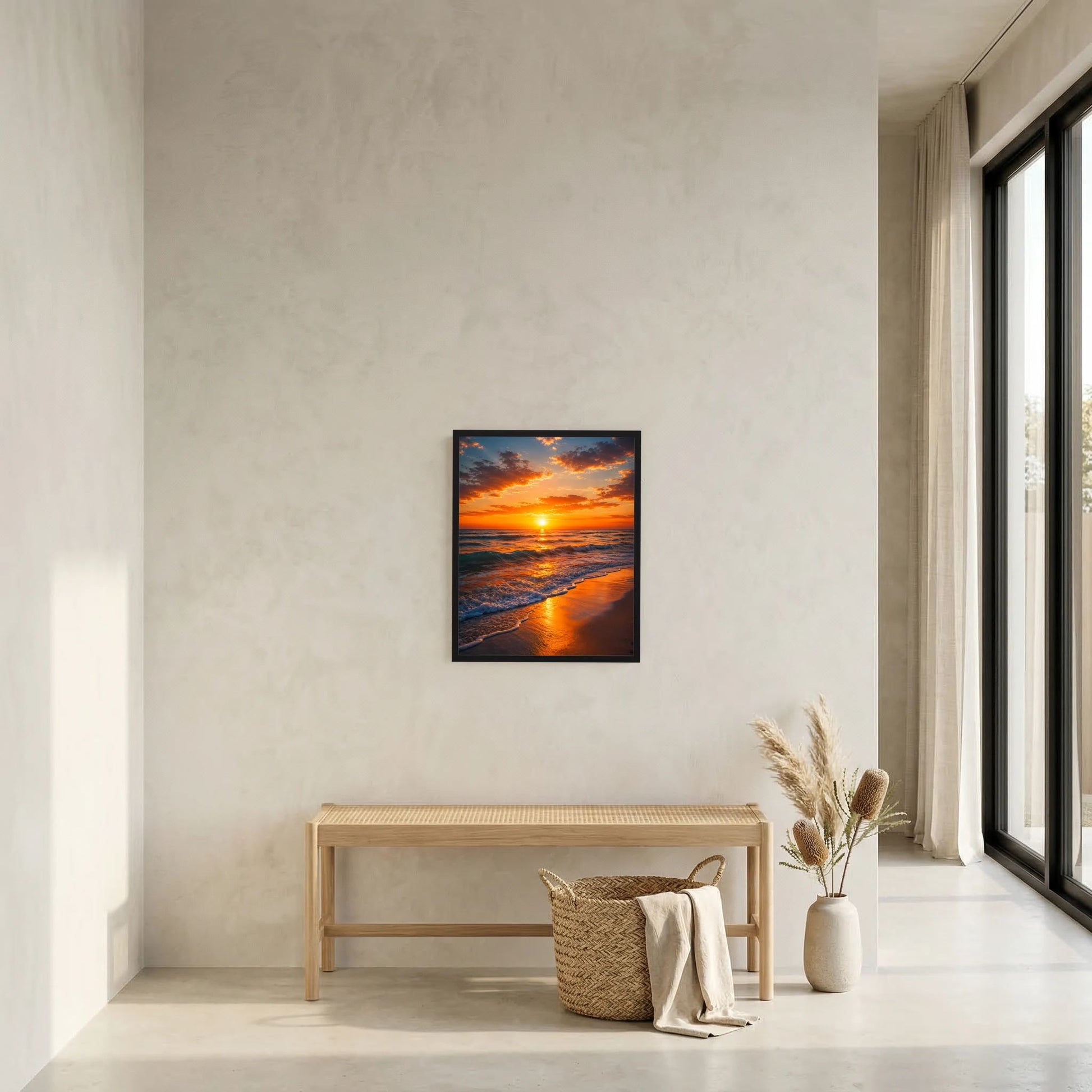 Wandposter im Hochformat, dunkel gerahmt, Strand-Sonnenuntergang mit reflektierenden Wellen