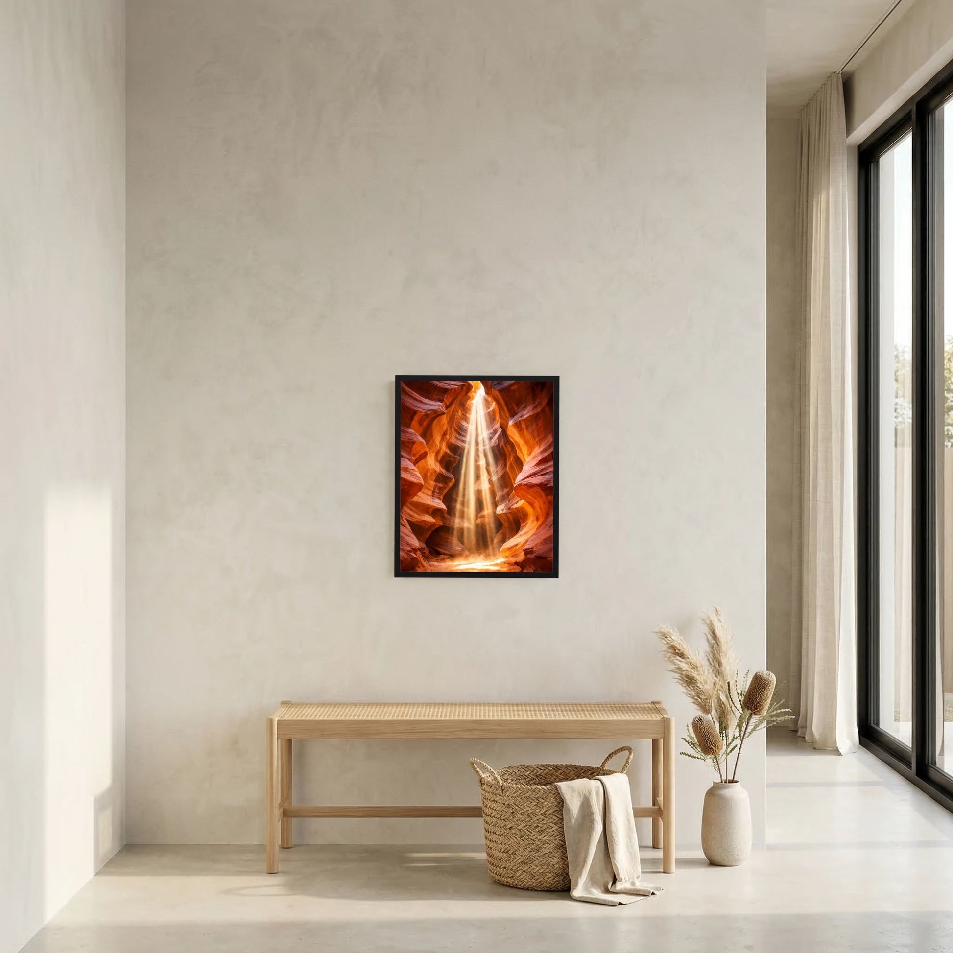 Gerahmtes Landschaftsposter mit orange-goldener Schlucht und Lichtstrahl