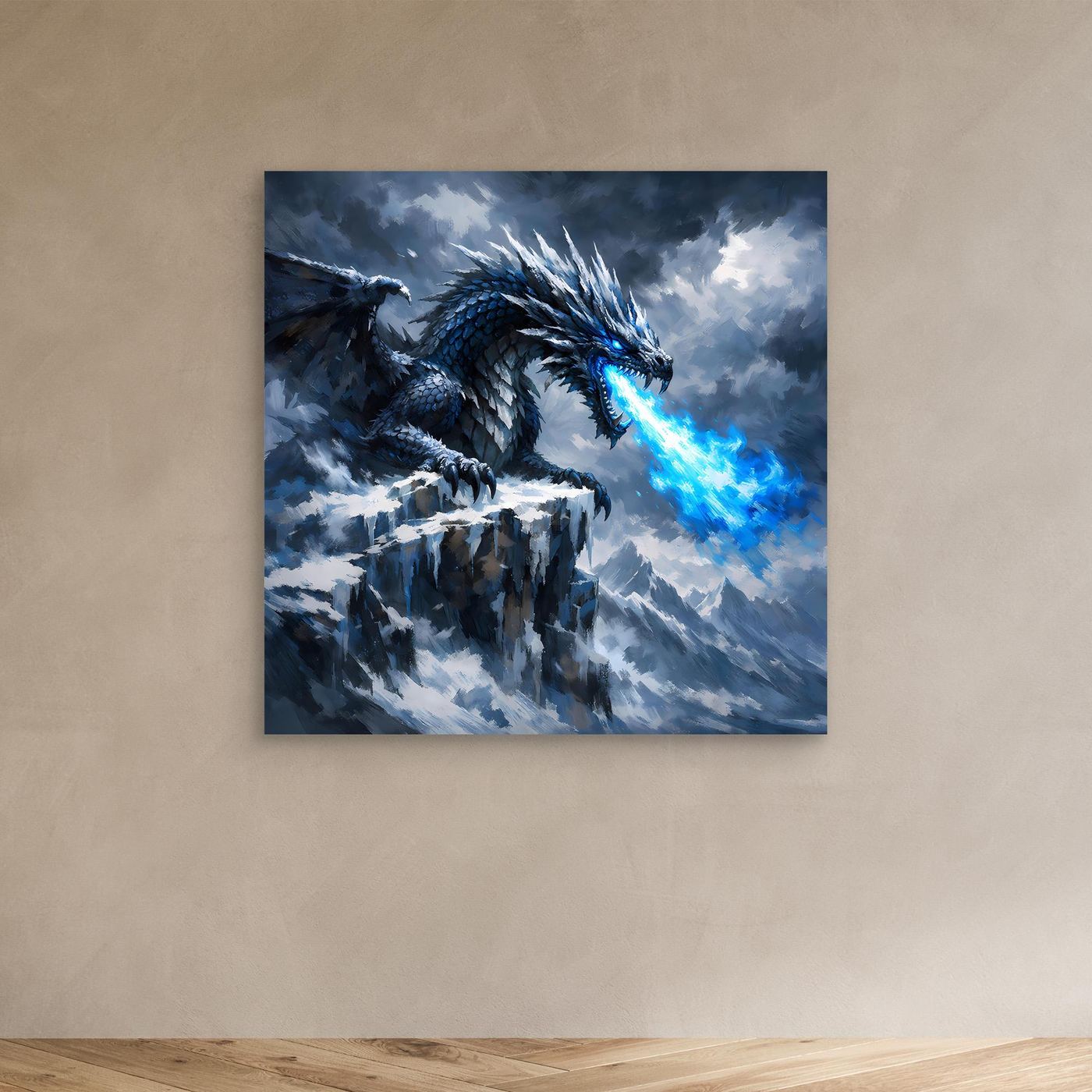 Leinwand Eisdrache auf stürmischem Berggipfel | Episches Fantasy-Wandbild auf echter Leinwand
