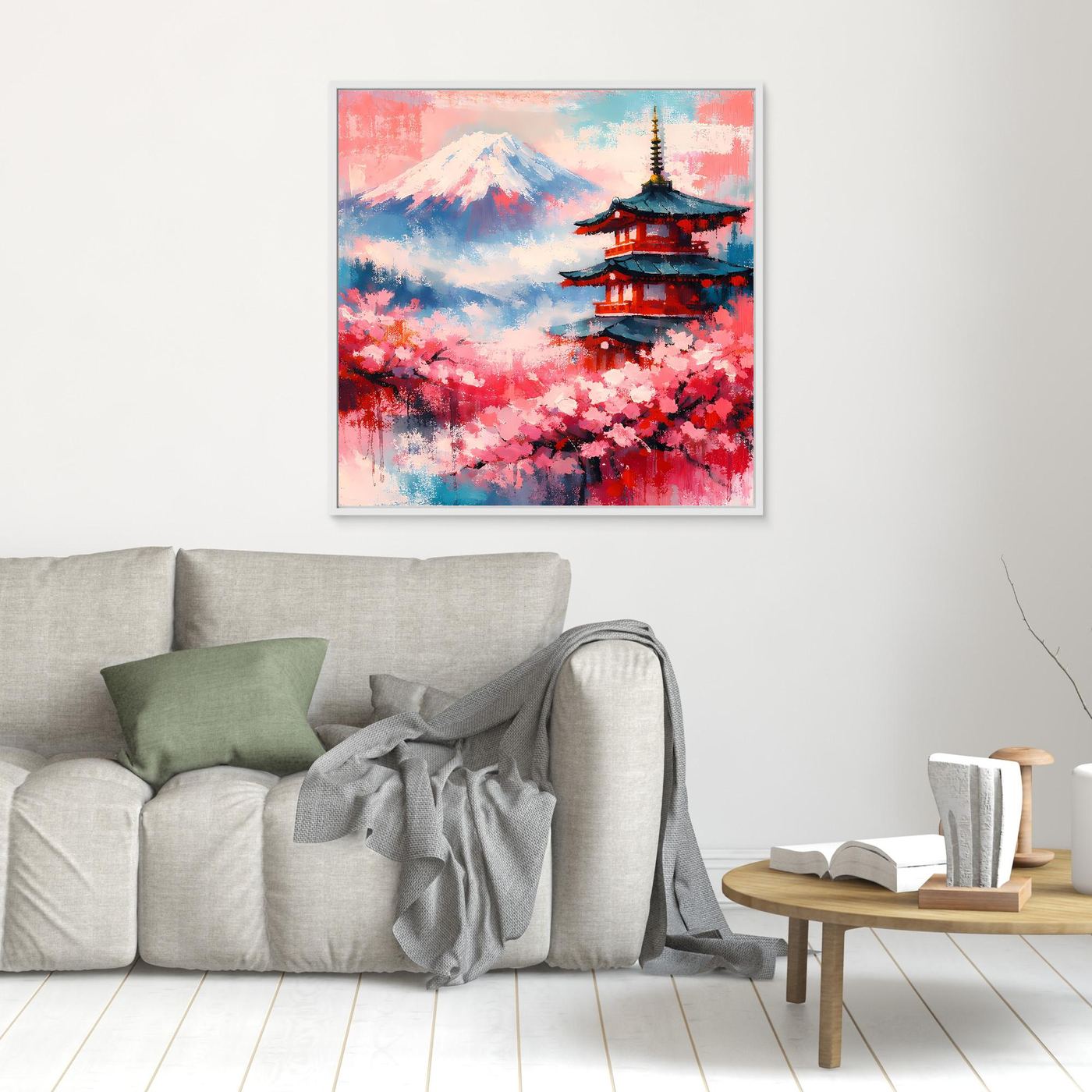 Wanddekoration: Leinwandbild mit Mount Fuji, Pagode und Kirschblüten, hell gerahmt