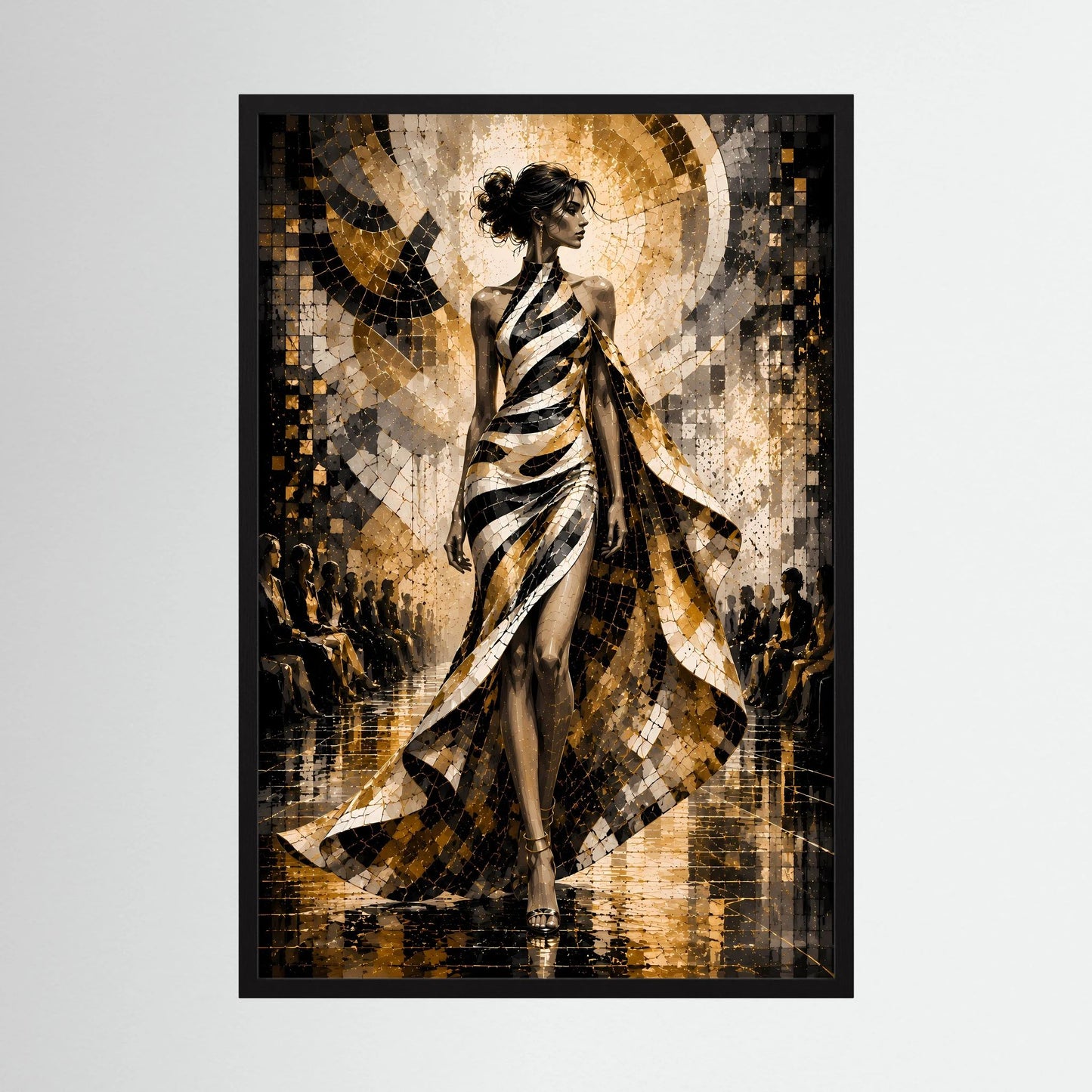 Poster im Hochformat mit Frau in schimmerndem Schwarz-Weiß-Gold-Kleid und goldenem Hintergrundmuster