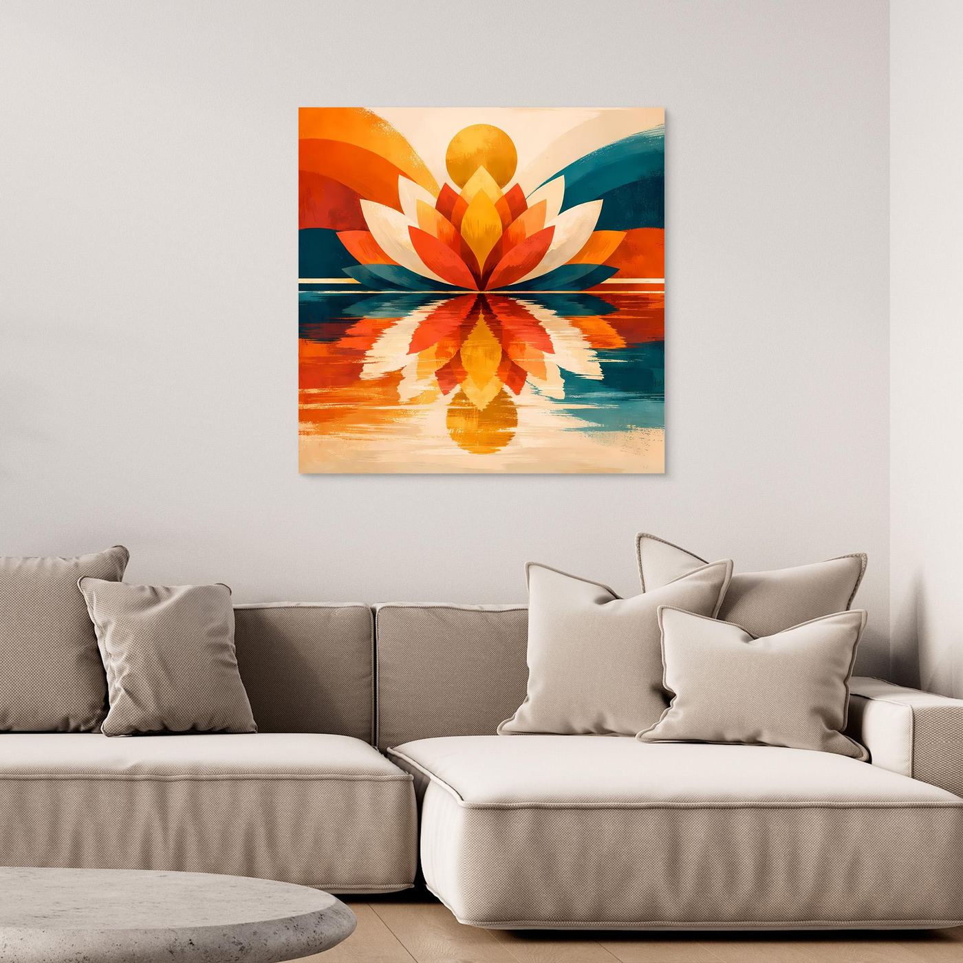 Gerahmtes Leinwandbild mit symmetrischem abstraktem Lotus in Orange, Rot und Blau