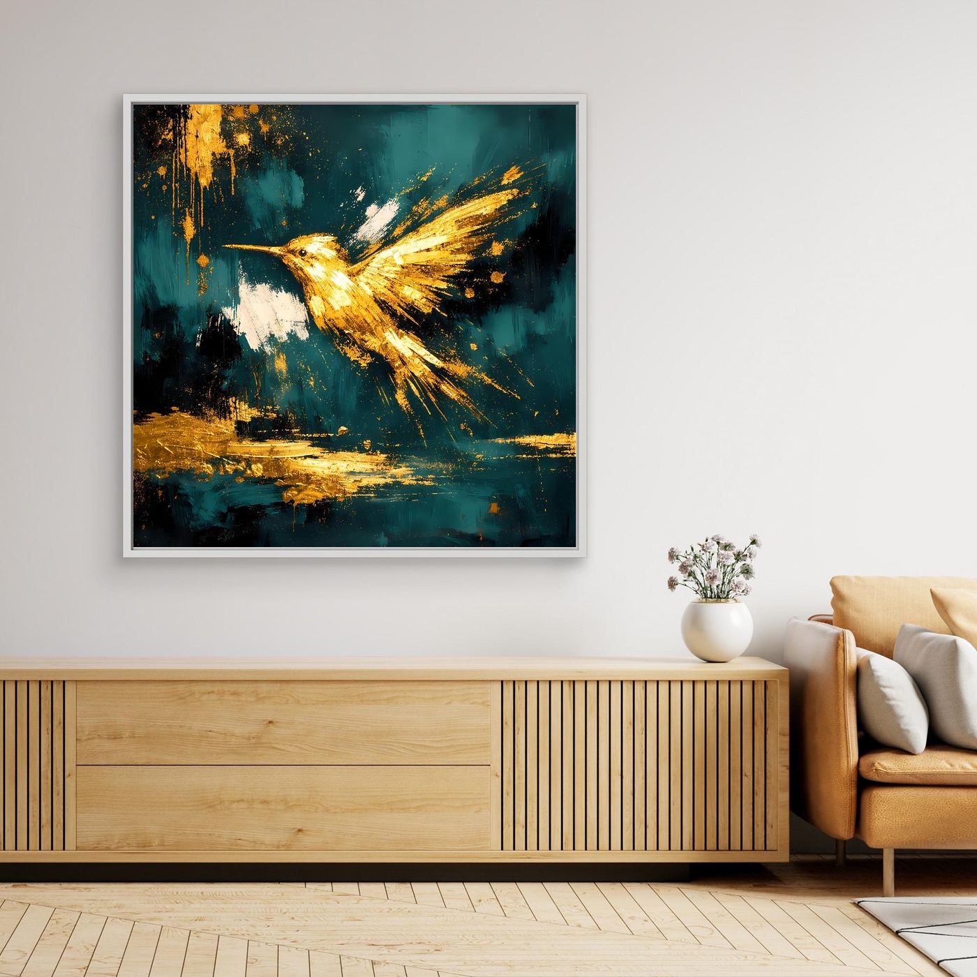Leinwand Goldener Kolibri im Flug | Abstraktes Modernes Vogel Wandbild Kunst