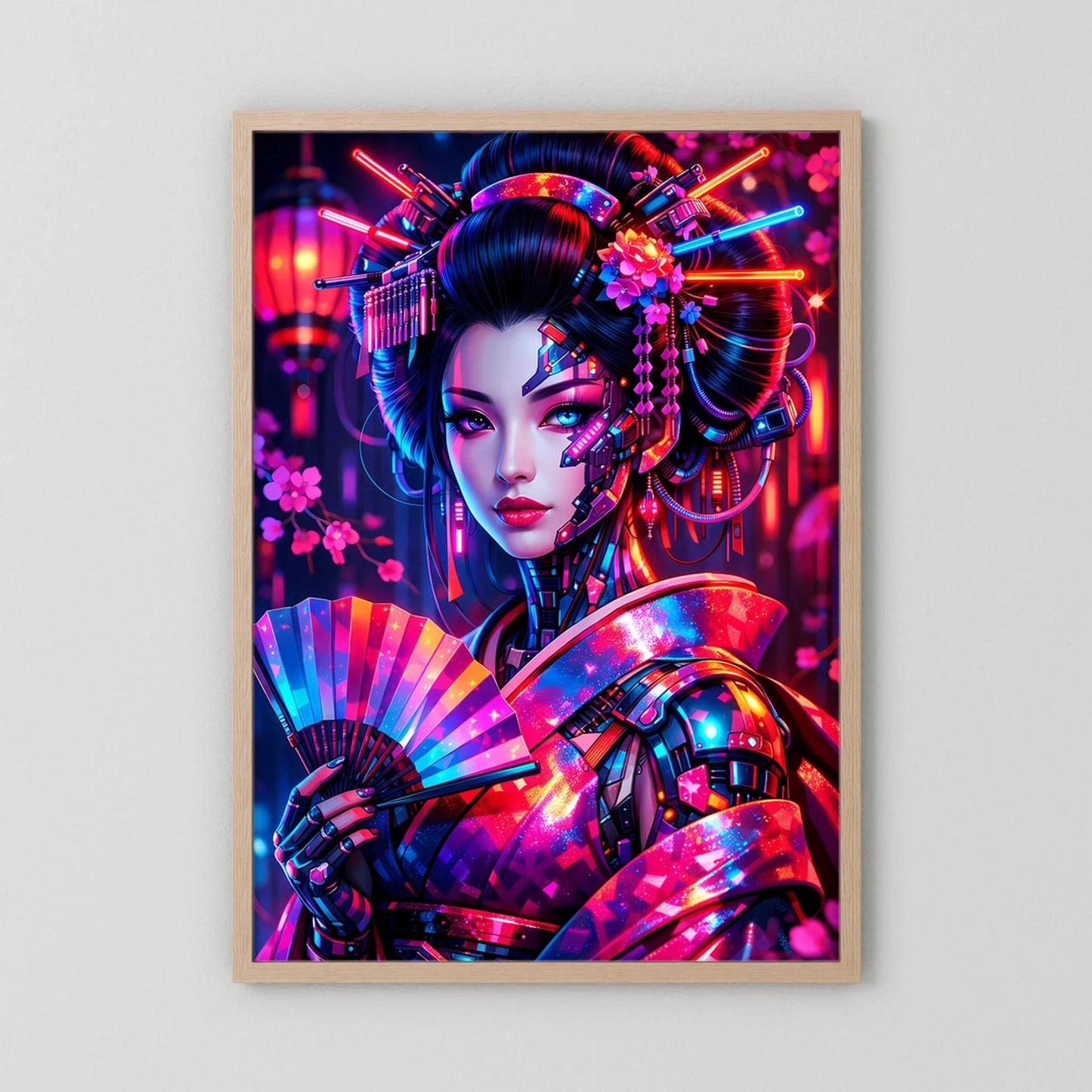 Neonkunst-Poster Cyber-Geisha, heller Holzrahmen, Hochformat.