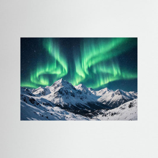 Panoramisches Poster mit grünen Polarlichtern über verschneiten Berggipfeln, ohne Rahmen