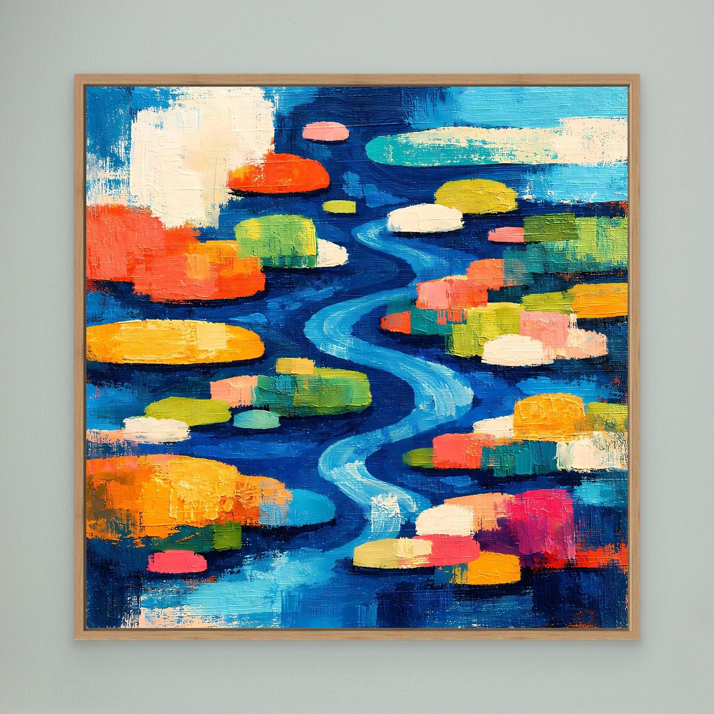 Abstraktes Leinwand-Wandbild mit Seerosen und blauem Flusslauf, im Holzrahmen