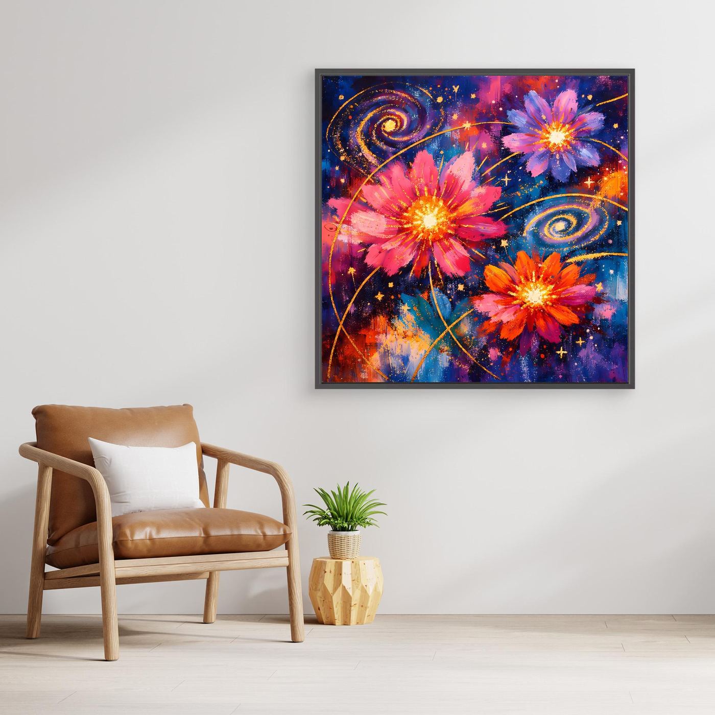 Leinwand-Wandbild mit kosmischen Blüten, Sternen und Spiralnebeln im dunklen Rahmen.