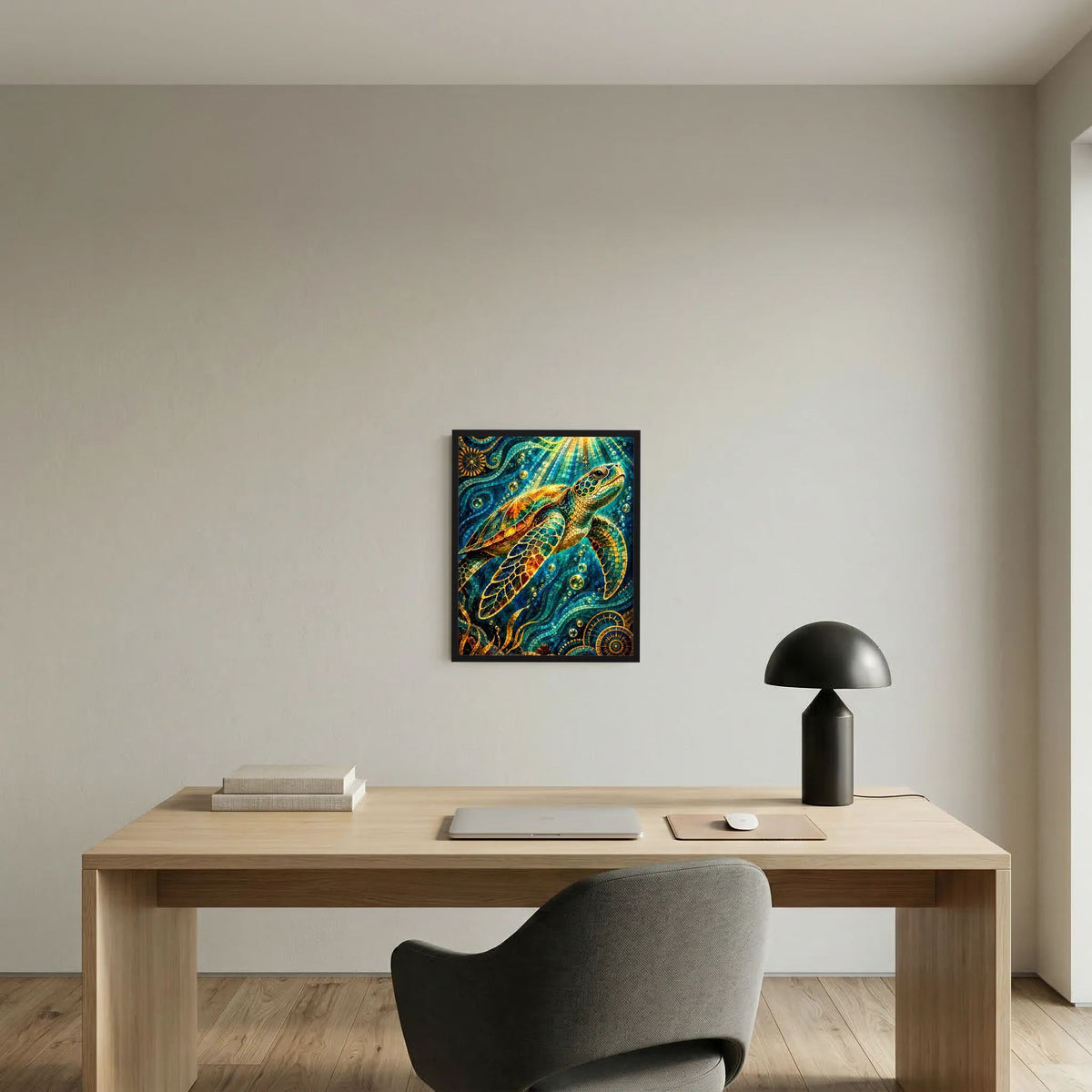 Gerahmtes Kunstposter Meeresschildkröte im Mosaik, türkis-gold, mittig an der Wand