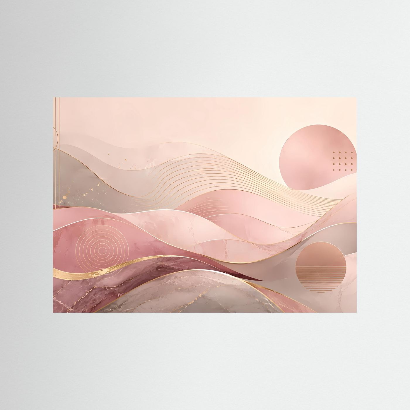 Abstraktes Wellen-Poster querformat mit rosa, goldenen Linien und Kreisen ohne Rahmen