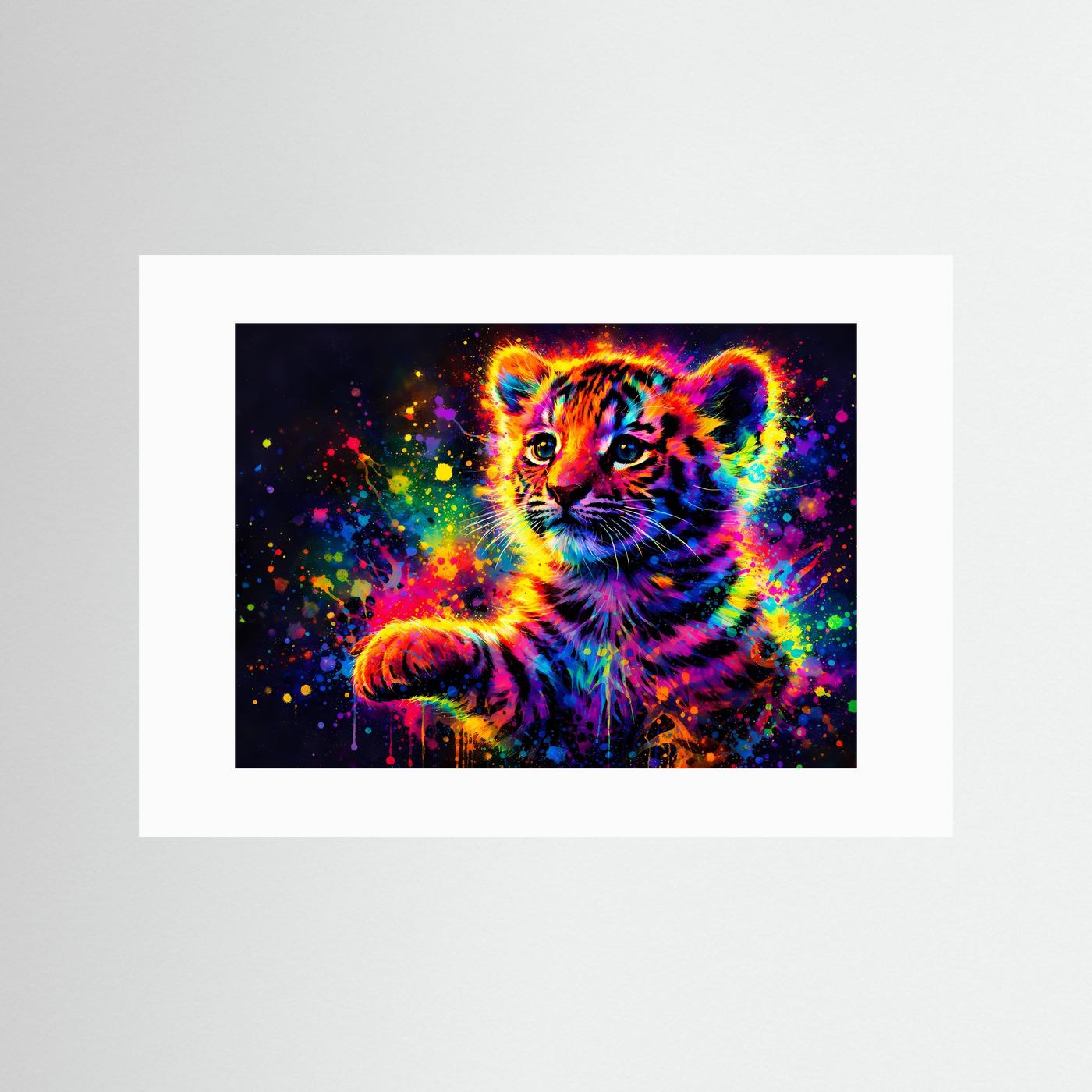 Poster mit weißem Passepartout, Neon-Tigerbaby-Motiv mit bunten Farbklecksen