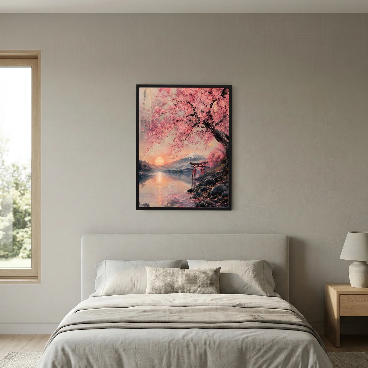 Schwarzer gerahmter Hochformat-Posterprint mit Sakura-Baum, Licht über Wasser und Torii