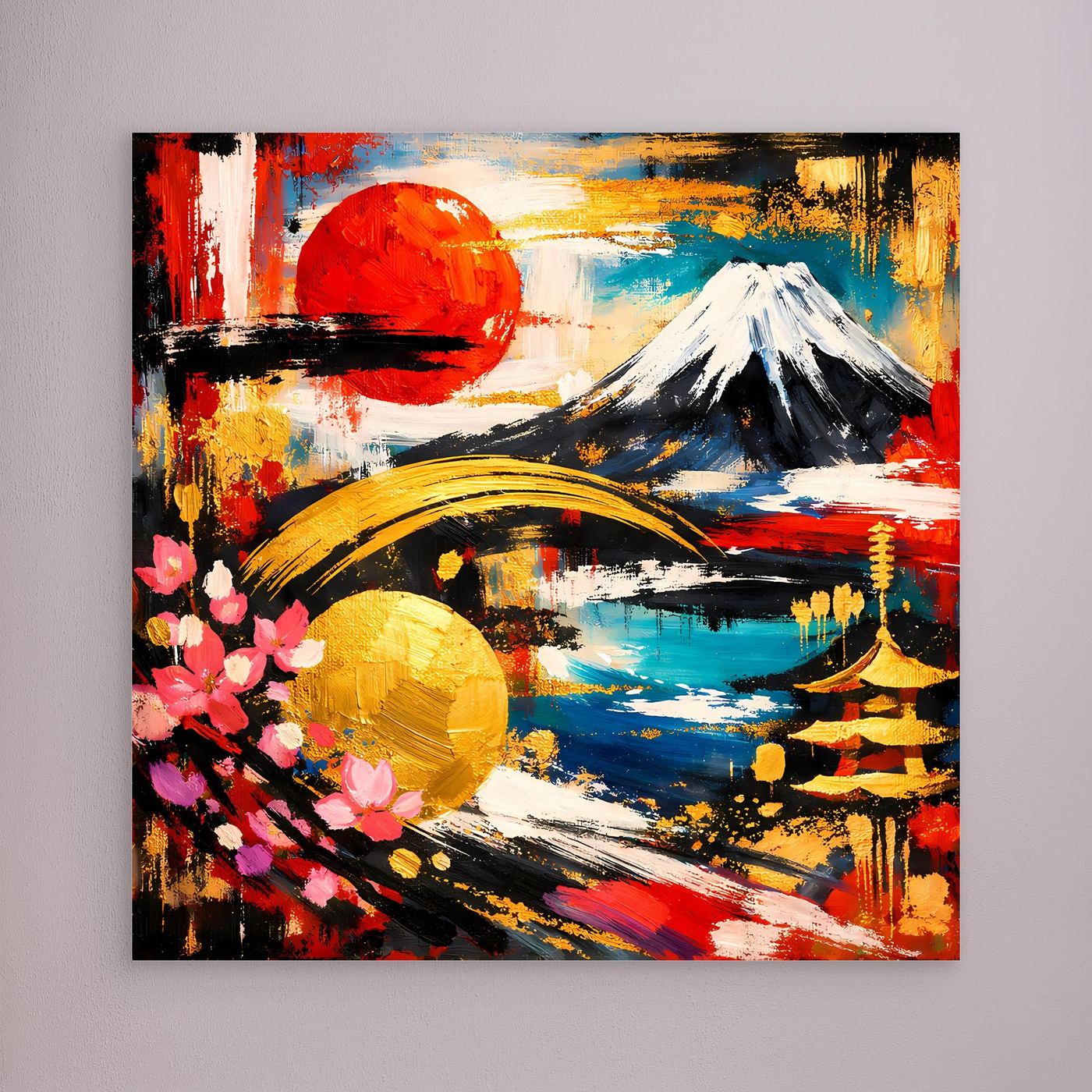 Leinwandbild mit abstraktem Fuji und Kirschblüten, roter Sonne, farbigen Pinselstrichen und See.