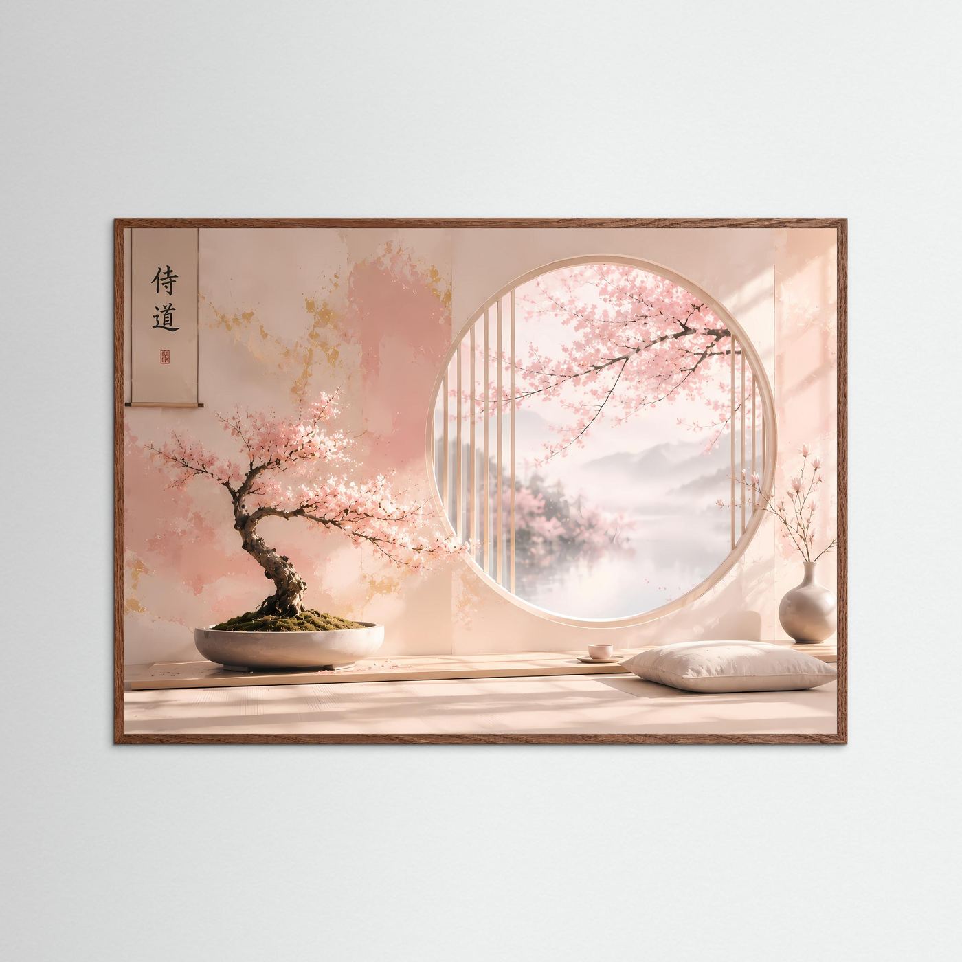 Japanischer Zen Garten mit Sakura Bonsai | Pastell Wandbild