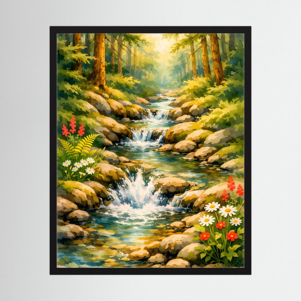 Gerahmtes Wasserfall-Wandposter mit Bachlauf, grünen Bäumen und bunten Blumen