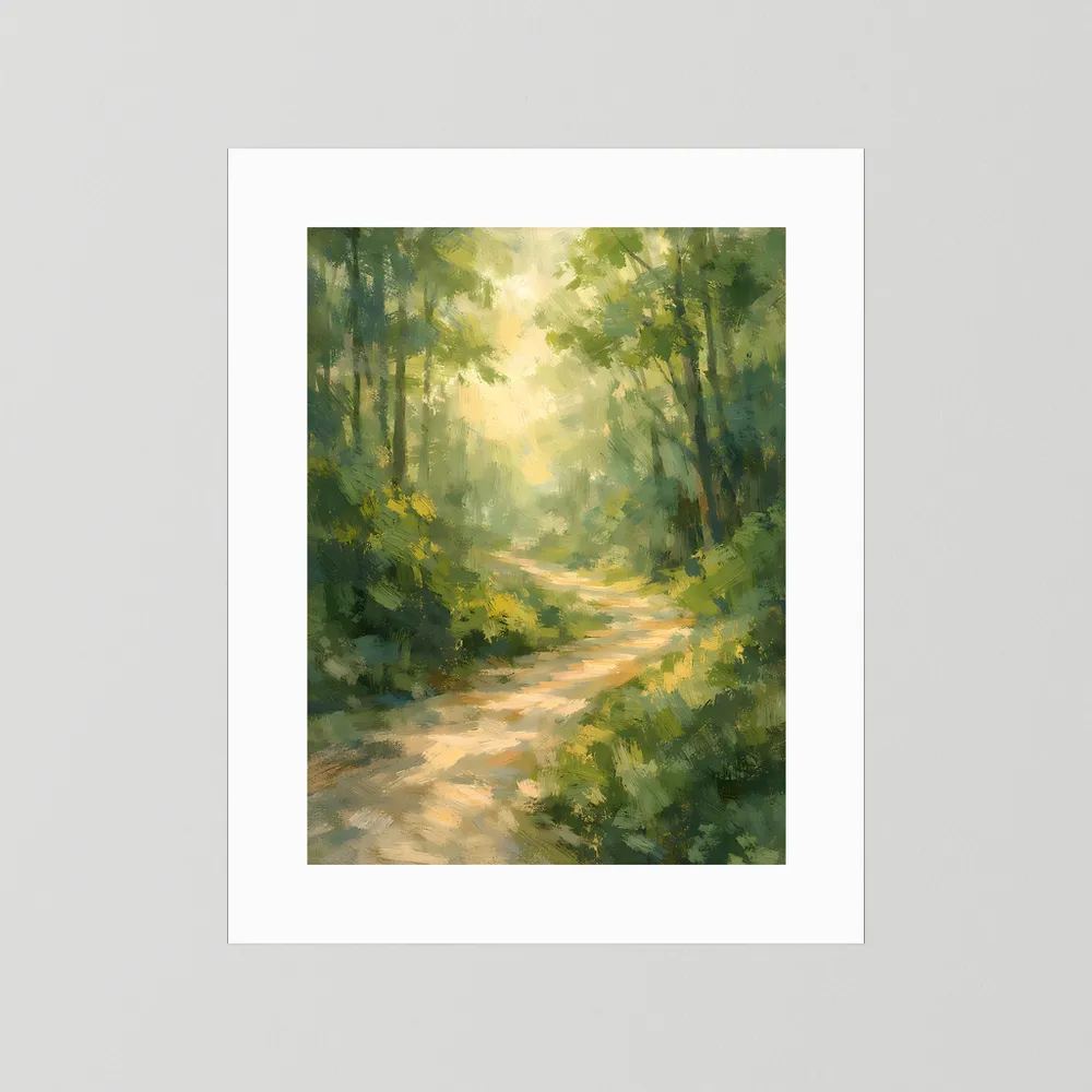 Wandposter Waldweg mit Sonnenlicht, im weißen Rand, hochformatig