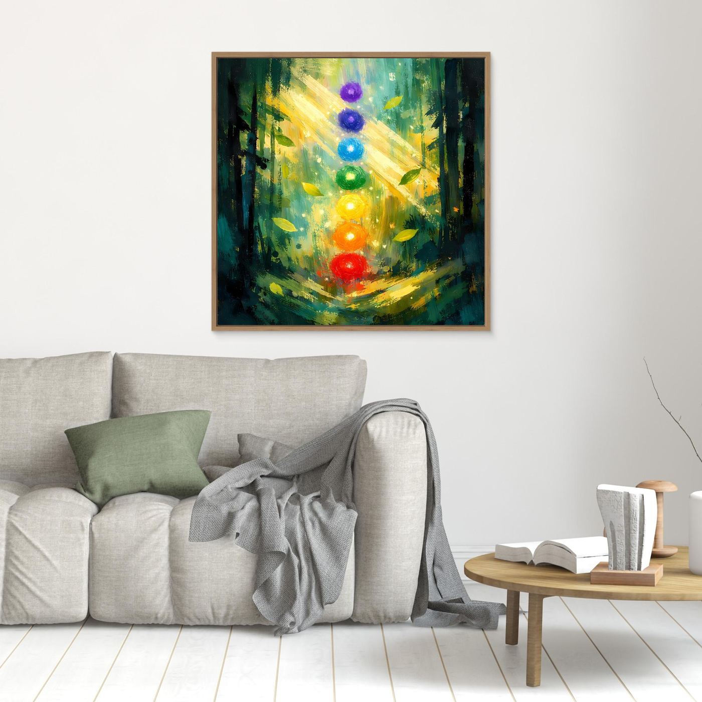 Leinwand-Wandbild mit sieben farbigen Chakren im Wald, braun gerahmt
