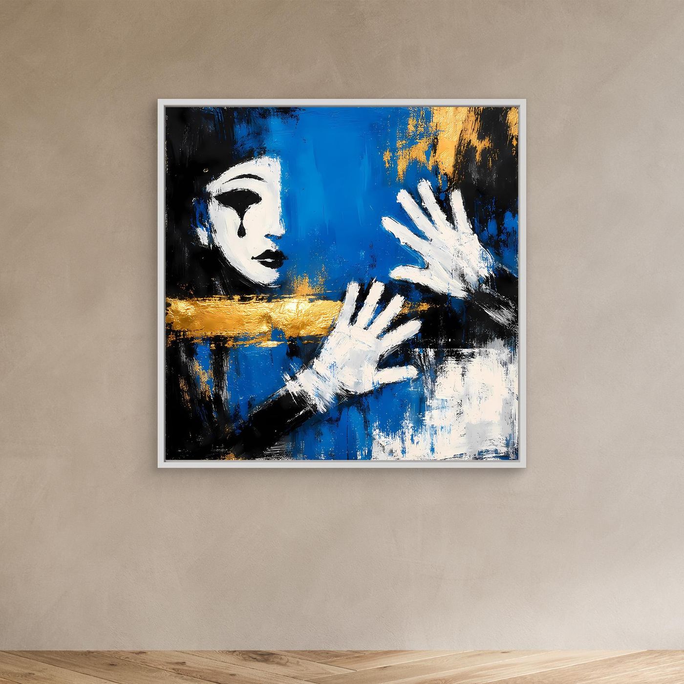 Leinwand Melancholischer Mime in Blau | Abstraktes Pierrot Wandbild Gold