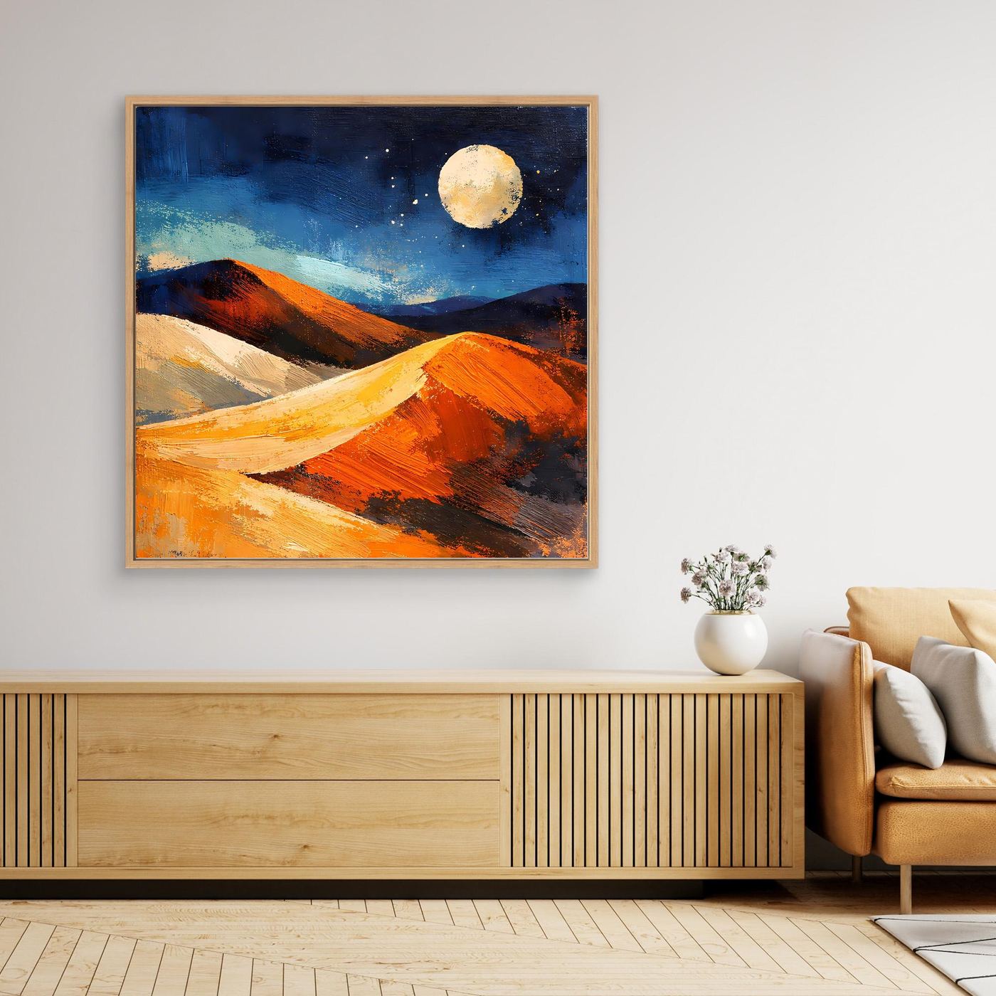 Canvas wall art with moonlit desert dunes, blue sky and orange dunes, in oak frame
