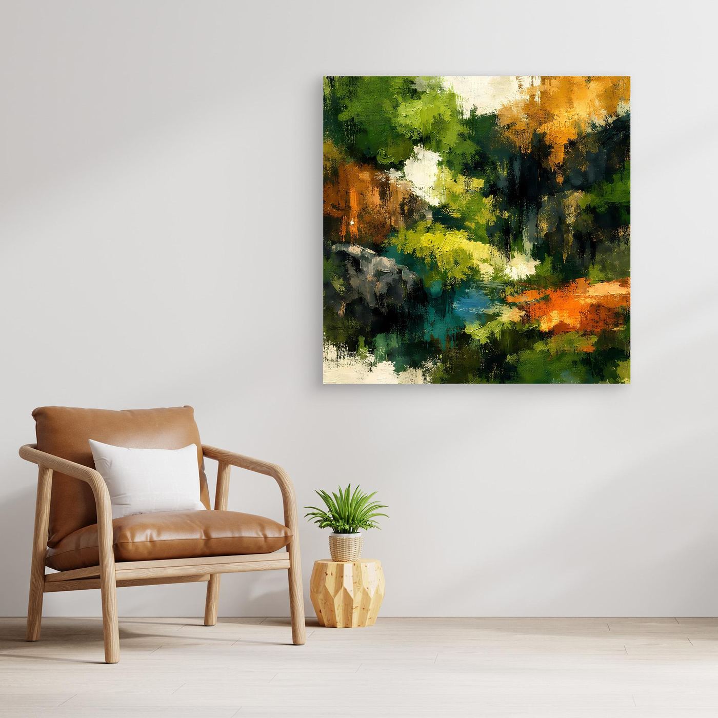 Wandbild mit abstrakter Waldlandschaft, grün-blau-orangefarben, im Eichenrahmen