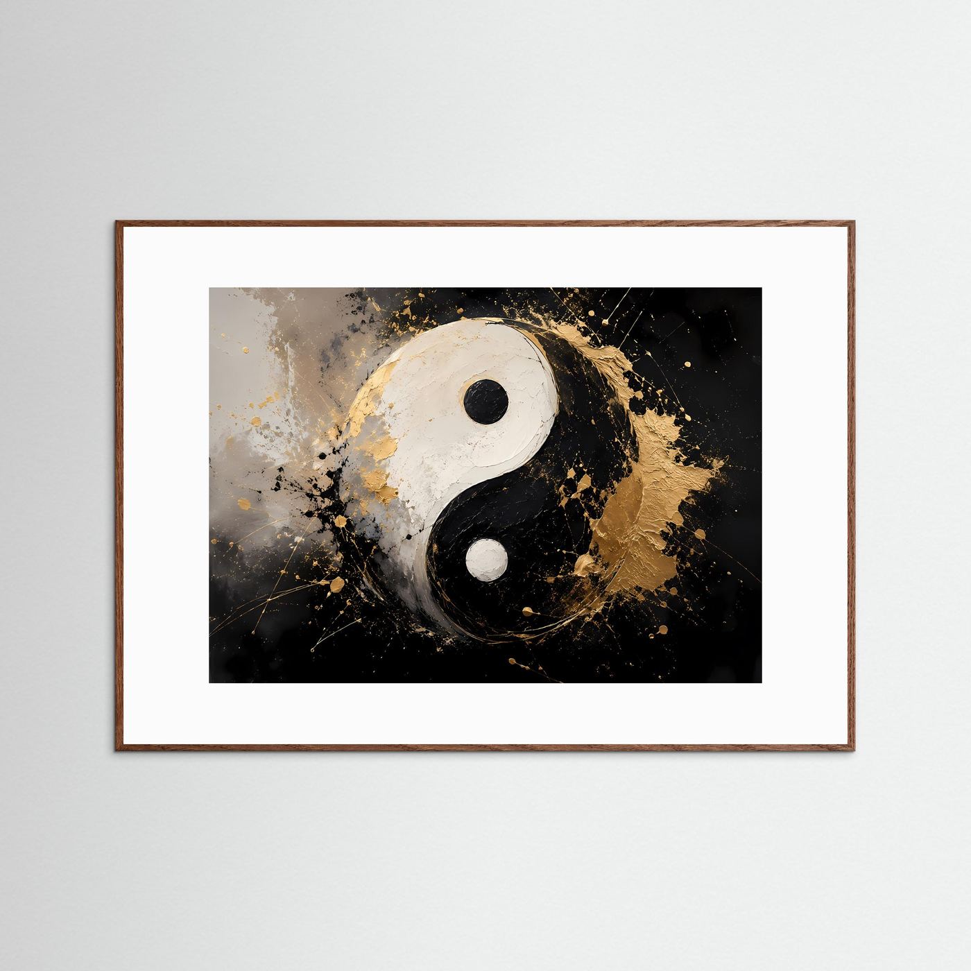 Abstraktes Yin-Yang-Wandbild in Schwarz, Weiß und Gold mit braunem Holzrahmen