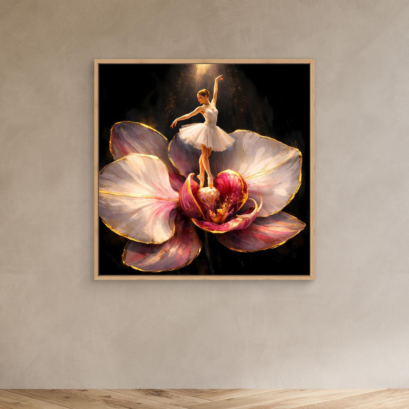 Premium Leinwand Elegante Ballerina auf Orchidee | Abstraktes Ballett Wandbild mit Goldakzenten