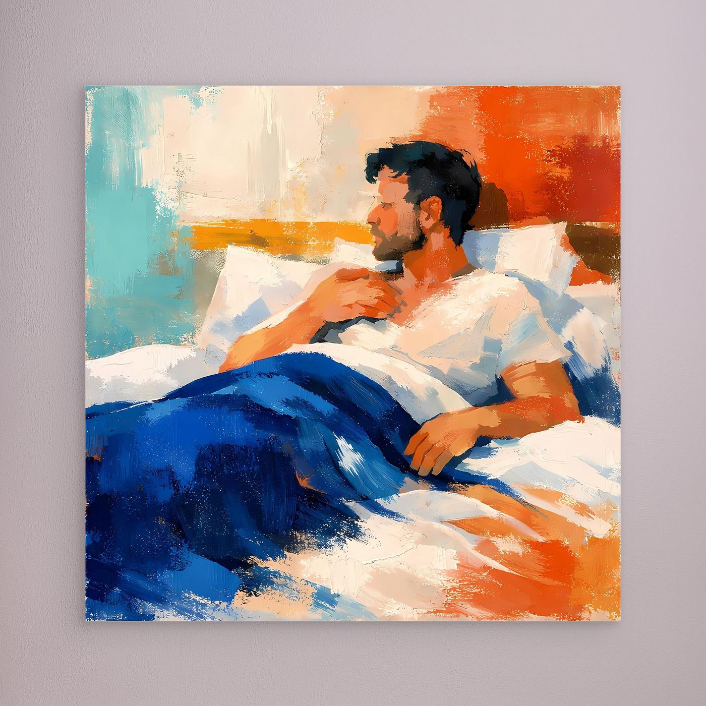 Wandbild mit abstraktem Mann im Bett, ohne erkennbaren Rahmen, Blau- und Orangetöne