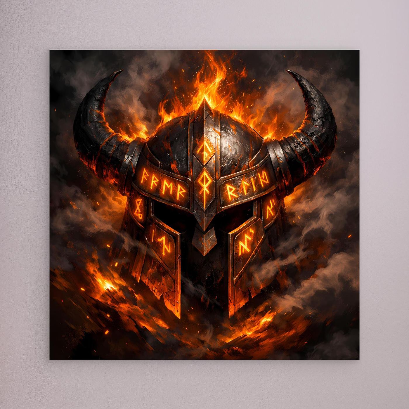 Leinwand-Wandbild mit flammendem Wikingerhelm und Runen