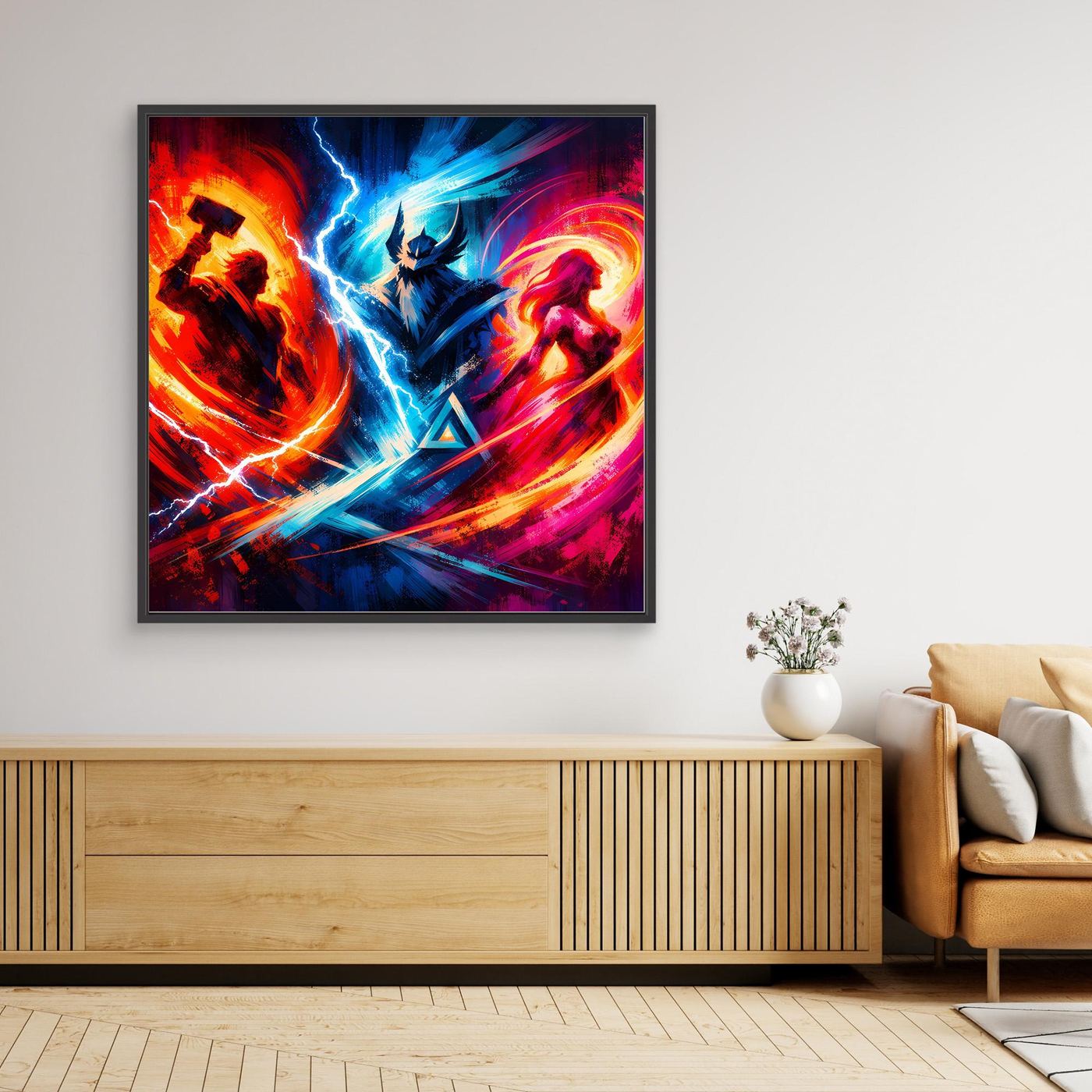 Gerahmtes Leinwand-Wandbild mit abstraktem Neon-Fantasy-Motiv, schwarzer Rahmen