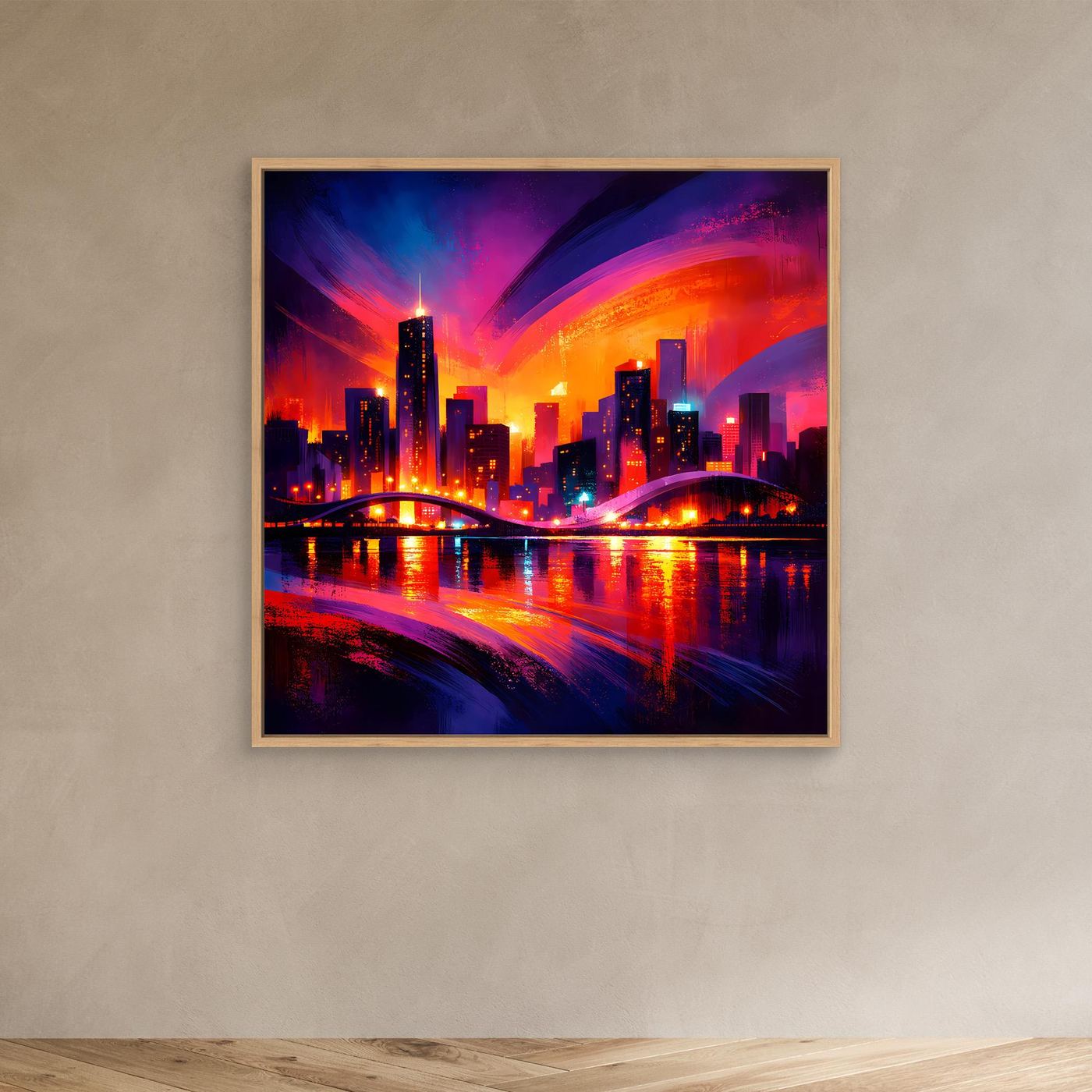 Wandbild auf Leinwand mit Neon-Skyline bei Nacht im Eichenrahmen an Wand