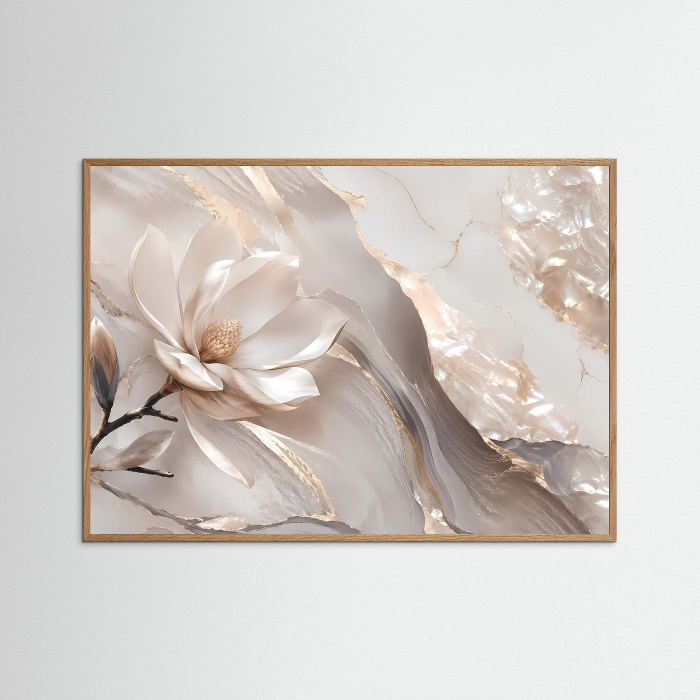 Florale Wandkunst mit weißer Magnolie, Perlmutt- und Goldakzenten, heller Holzrahmen.