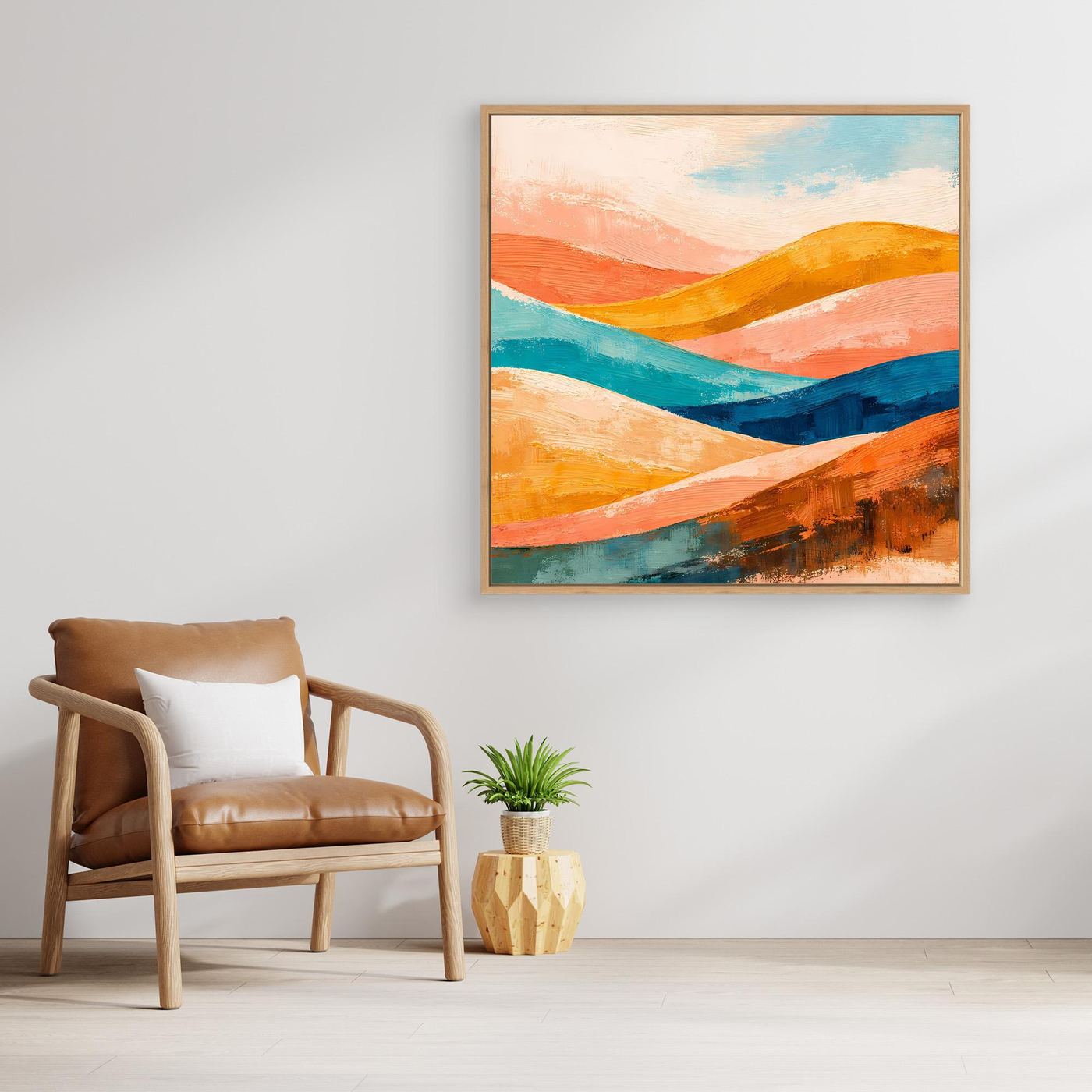 Oak-framed canvas wall art with abstract orange, teal, and blue rolling hills