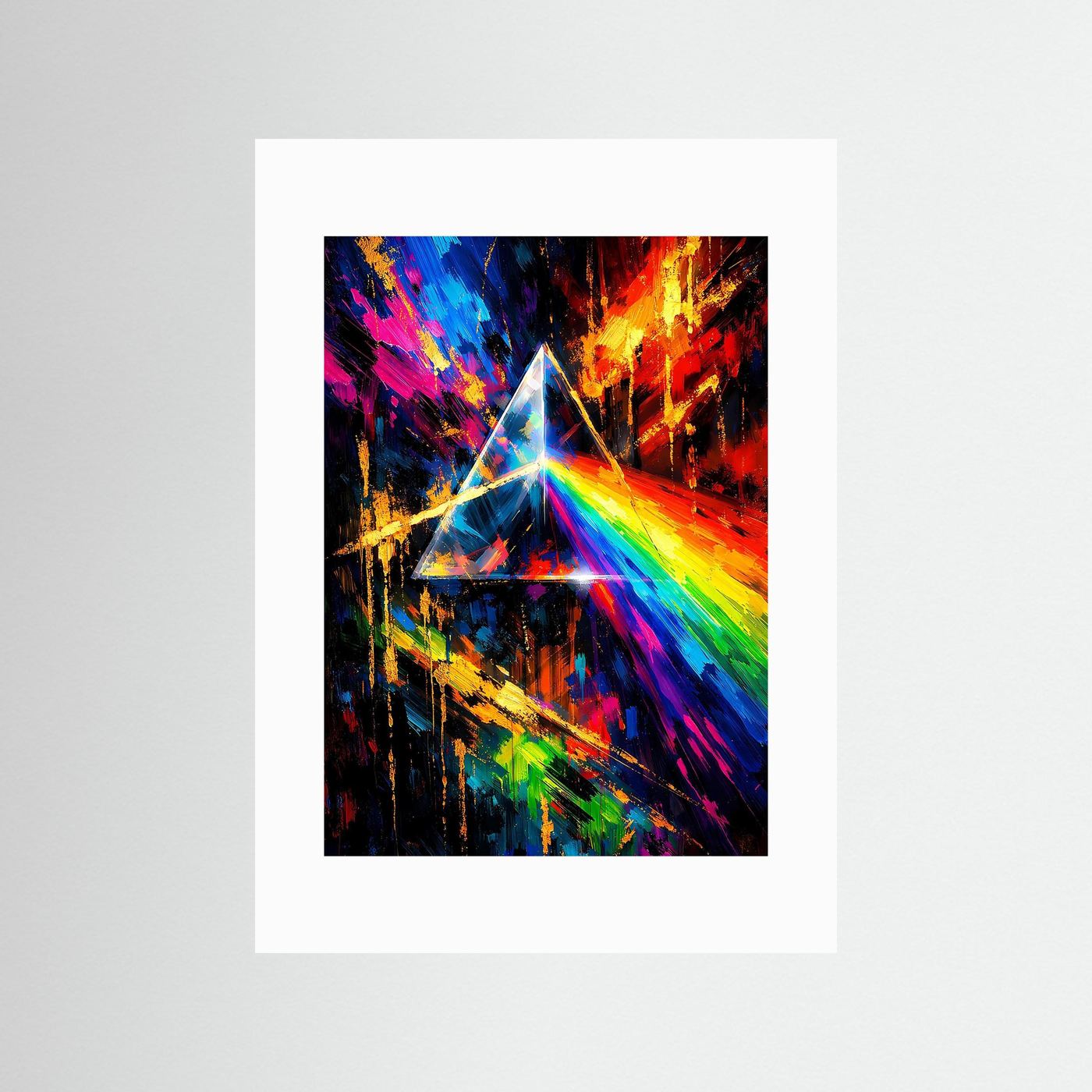 Abstraktes Prisma-Poster mit weißem Passepartout, regenbogenfarbene Lichtstrahlen und Dreieckskern