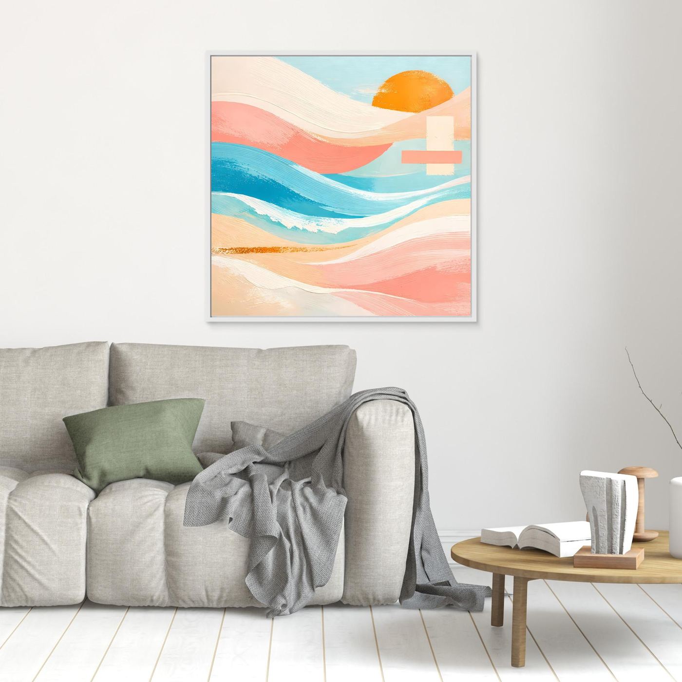 Kleines Leinwandbild mit abstrakten Meereswellen und orangefarbener Sonne in Pastellfarben, weiß gerahmt