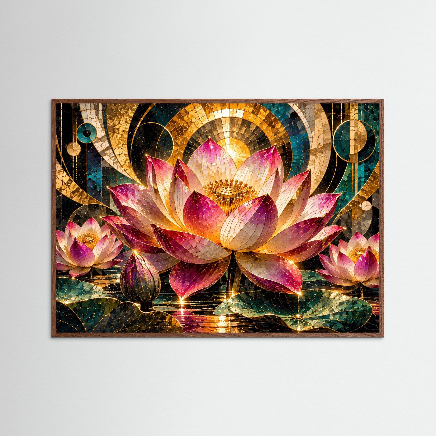 Poster Querformat mit Mosaik-Lotusblüten, Pink Gold Türkis, dunkler Eichenrahmen