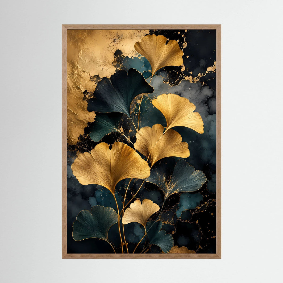 Poster mit goldenen Ginkgo-Blättern, im hellen Holzrahmen