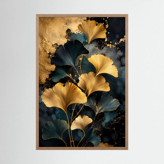 Poster mit goldenen Ginkgo-Blättern, im hellen Holzrahmen