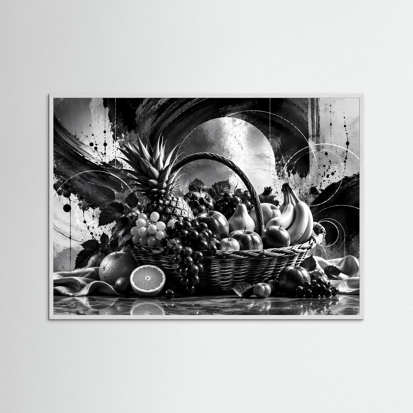 Schwarz-Weiß Obstkorb Poster | Modernes Stillleben Wandbild | Monochrome Früchte Kunst | Elegante Küchen Deko | Abstrakte Wall Art